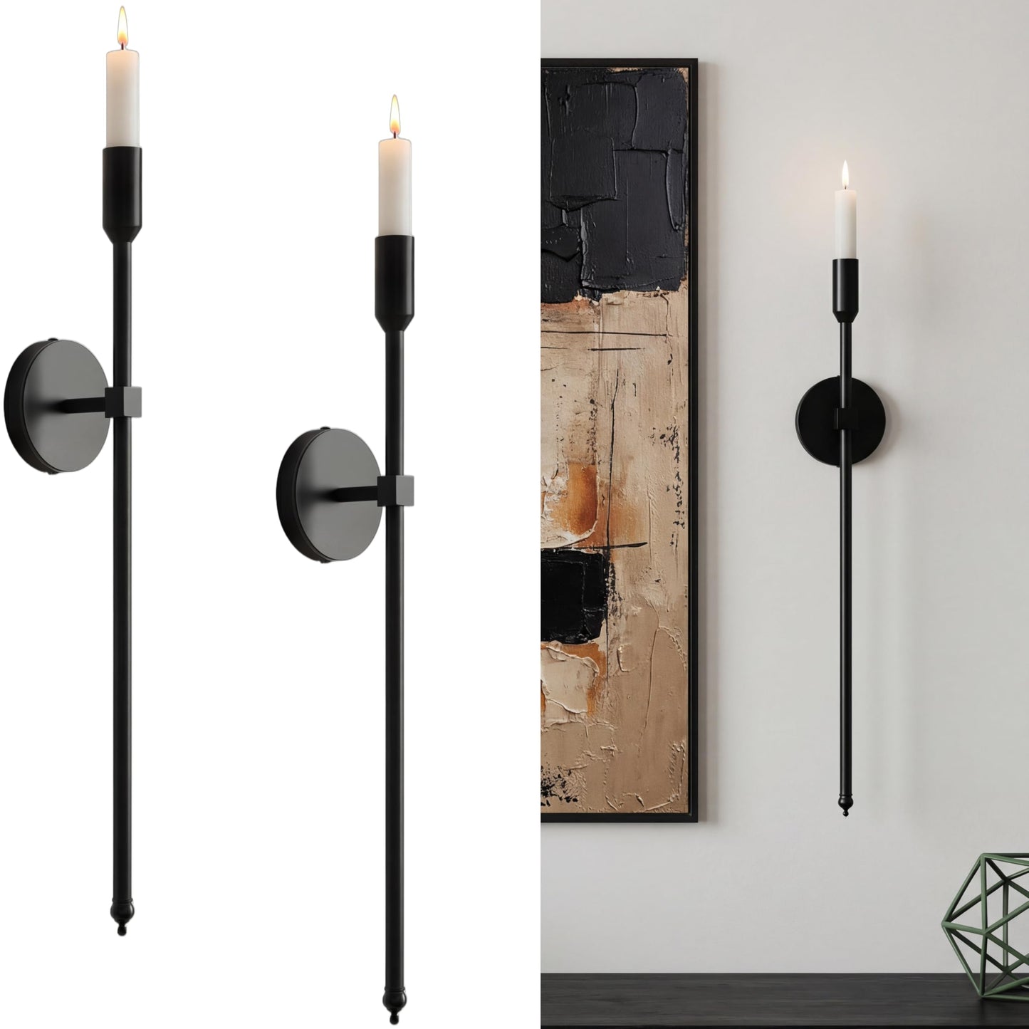 23-inch Large Wall Candle Sconces, Set of 2, Wall Mounted Candle Holder, Modern Chic Home Decor for Bedroom, Dining Room, Living Room (Black)