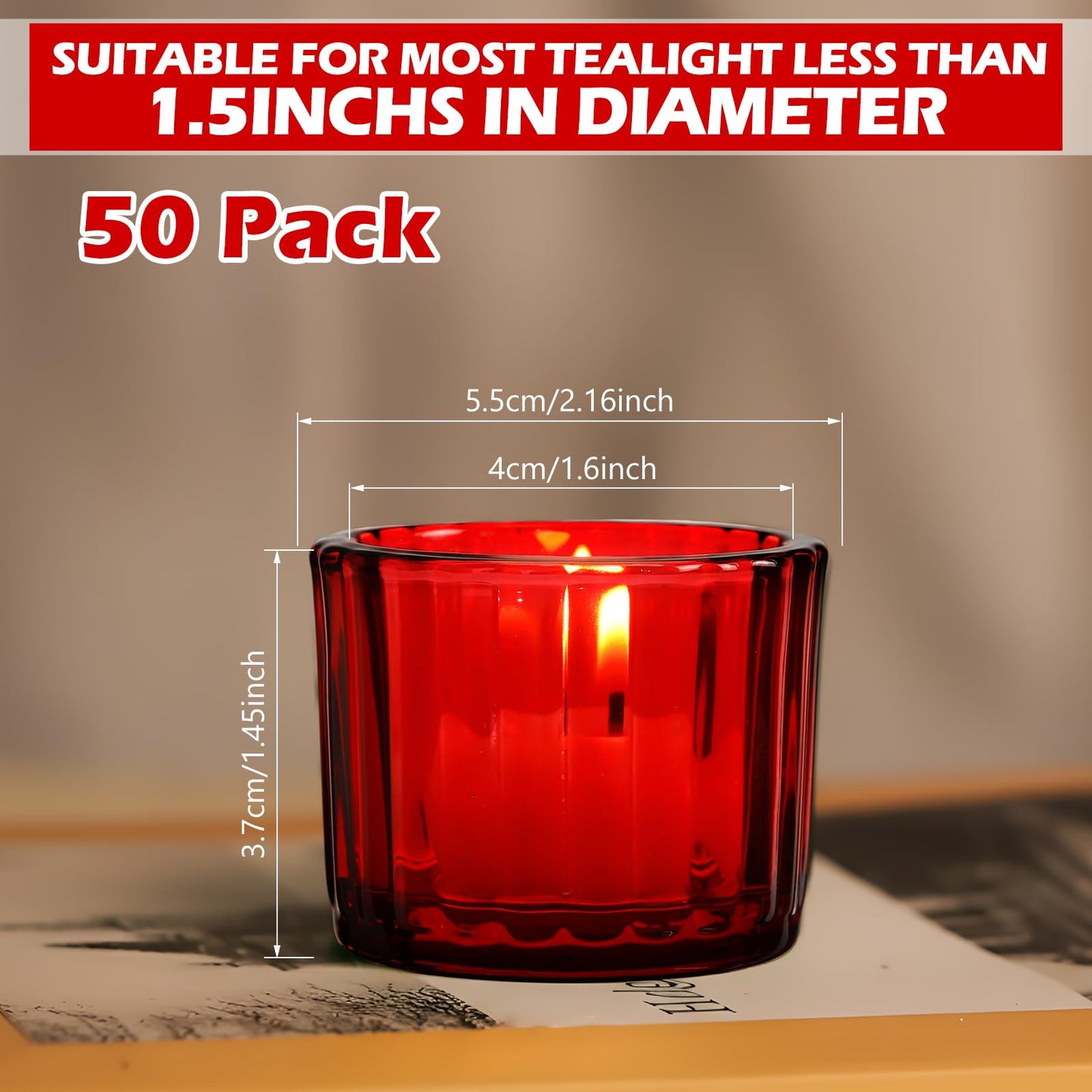 Mumufy 50 Pcs Glass Tealight Candle Holder Ribbed Votive Candle Holder for Centerpiece Wedding Proposal Spa Aromatherapy Meditation Home Decor (Red)