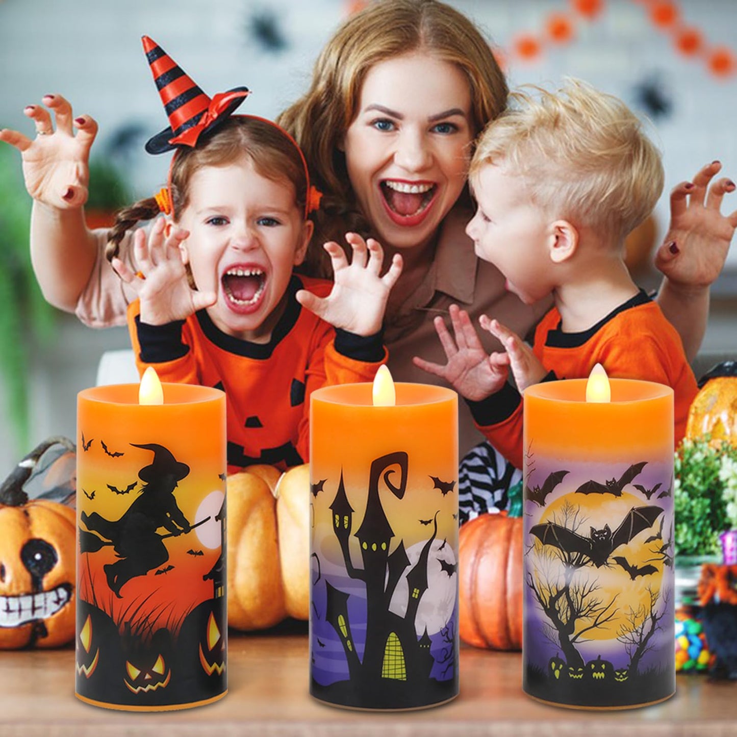 DRomance Halloween Flameless LED Candles Battery Operated with Remote and Timer, Real Wax Flickering Pillar Candles Flat Wick Dimmable Light Castle Witch Bats Holiday Decor(3 Pack, 3 x 6 Inches)