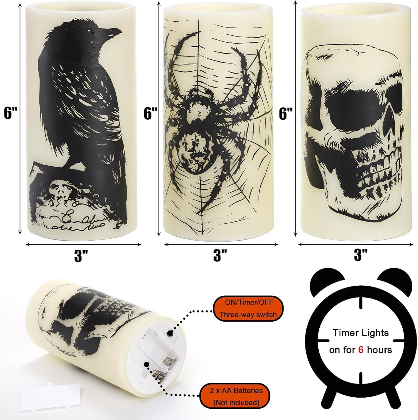 Hbaushun Halloween Flameless Candles LED Flickering Candles with Skull, Crow, Spider Web Decals,Battery Operated with 6 Hour Timer Halloween Decorations Horror Themed Candles(3 Pack, D3 x H6)