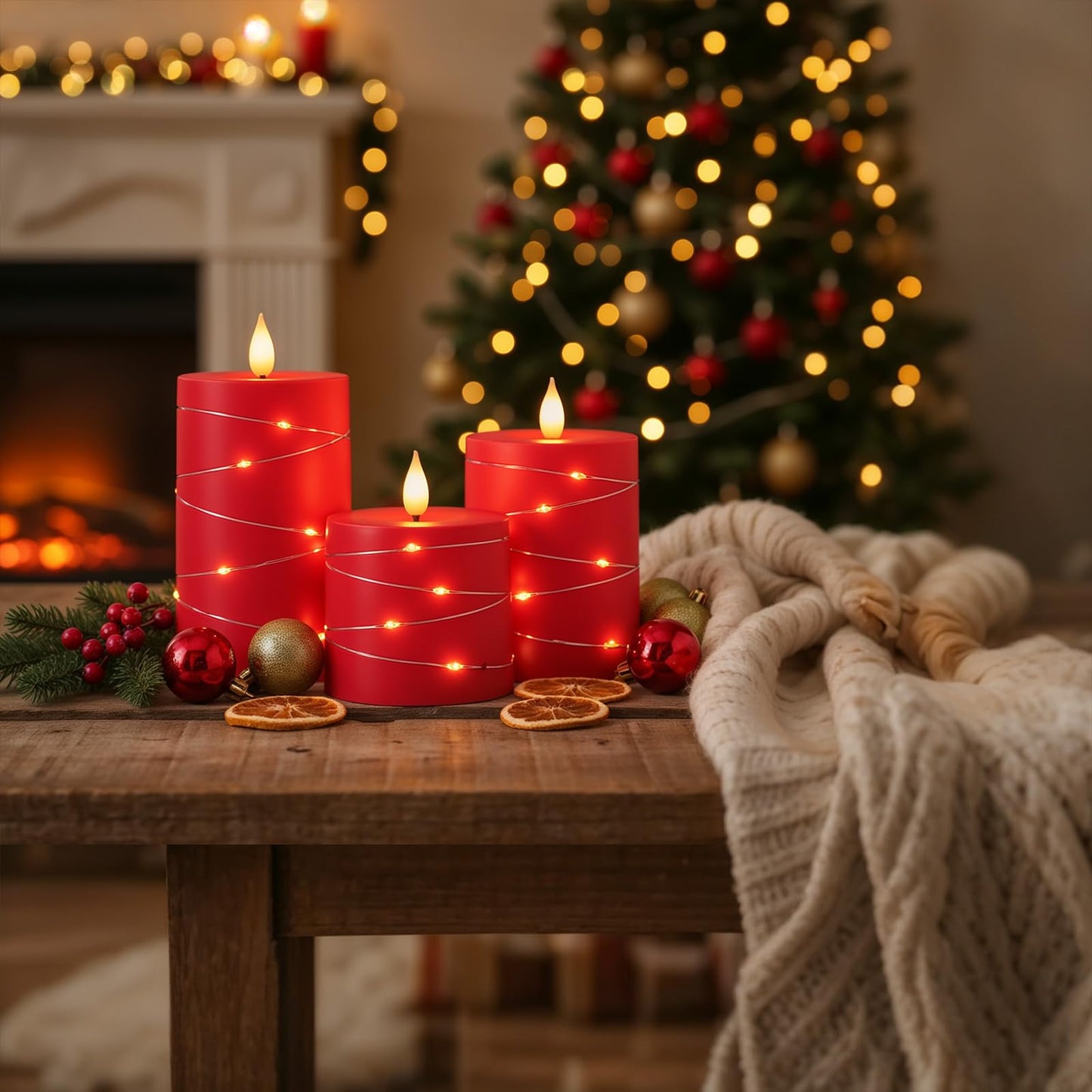 Raycare Independence Day Flameless Candles with Remote Timer, Flickering Battery Operated LED Pillar Fake Candle with String Lights for 4th of July Patriotic Home Decor, Wedding Gift, Red, Set of 3