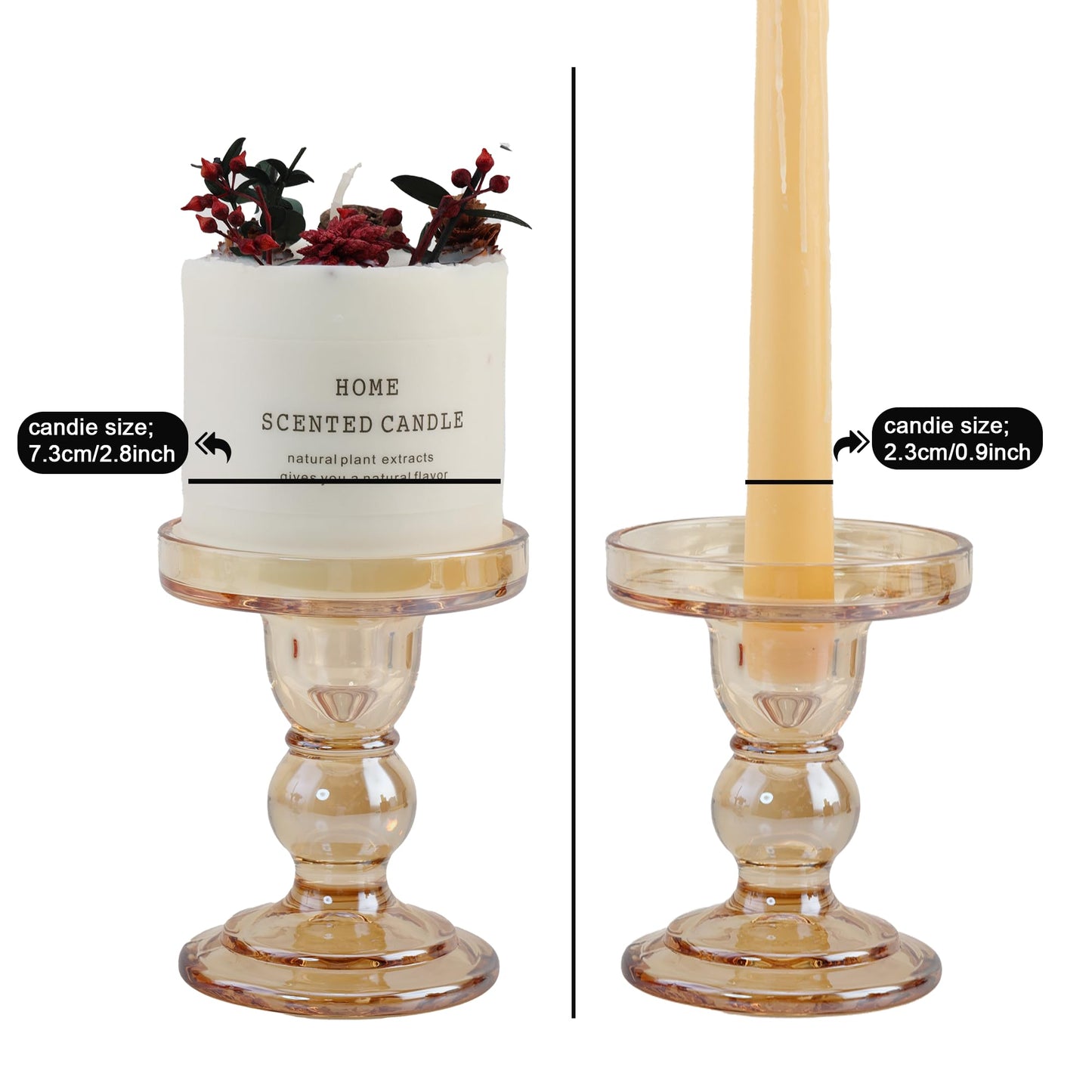ViViTOP Glass Candle Holder Set of 4, Amber Candlestick Holders for Pillar Candles, 4.5" H, Candle Stand Decorations for Living Room