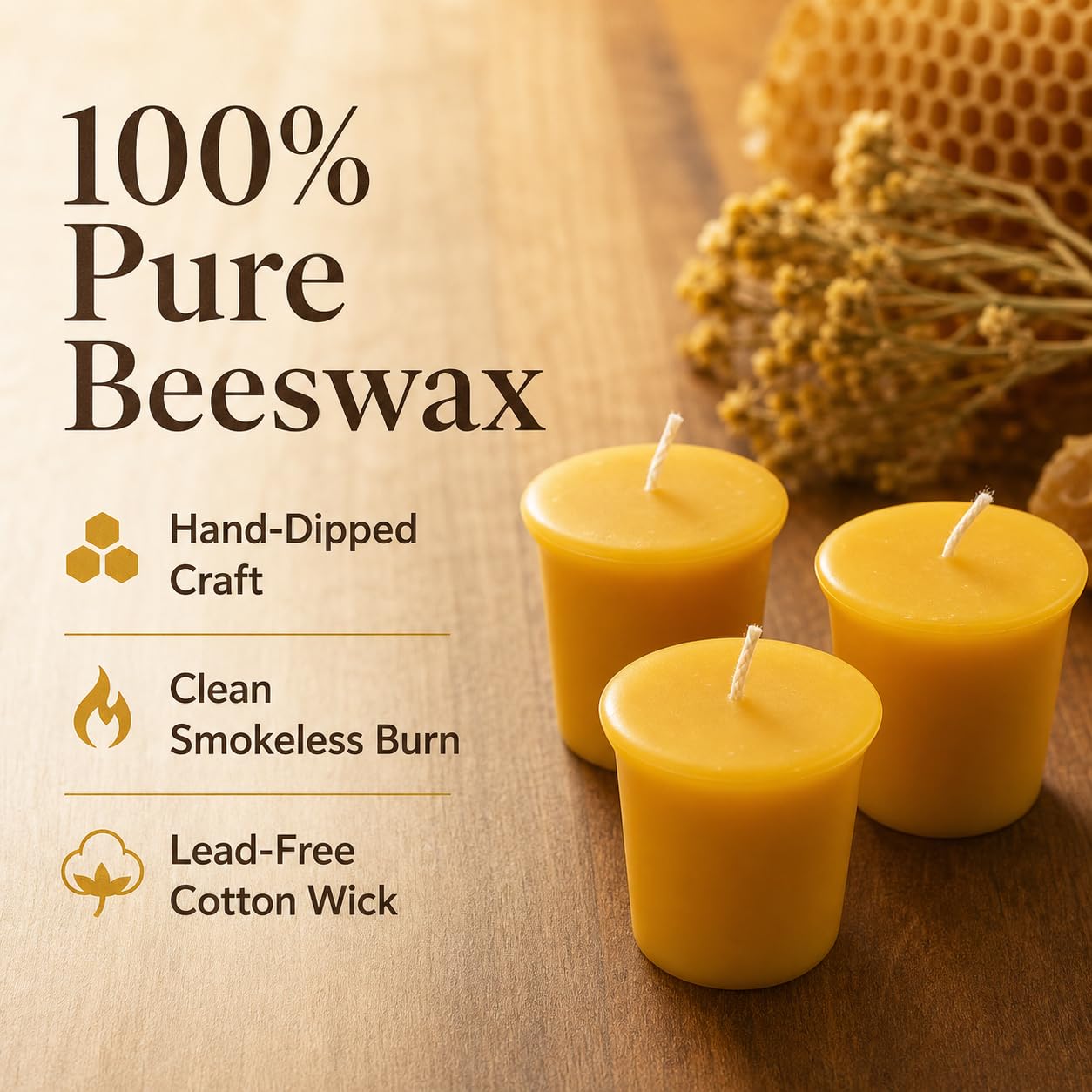 100% Pure Beeswax Votive Candles 2x2 Inch, 6 Pack - 10-Hour Burn Time (60 Hrs Total), Smokeless & Unscented Natural Wax Candles for Prayer, Home Decor, Emergency & Weddings
