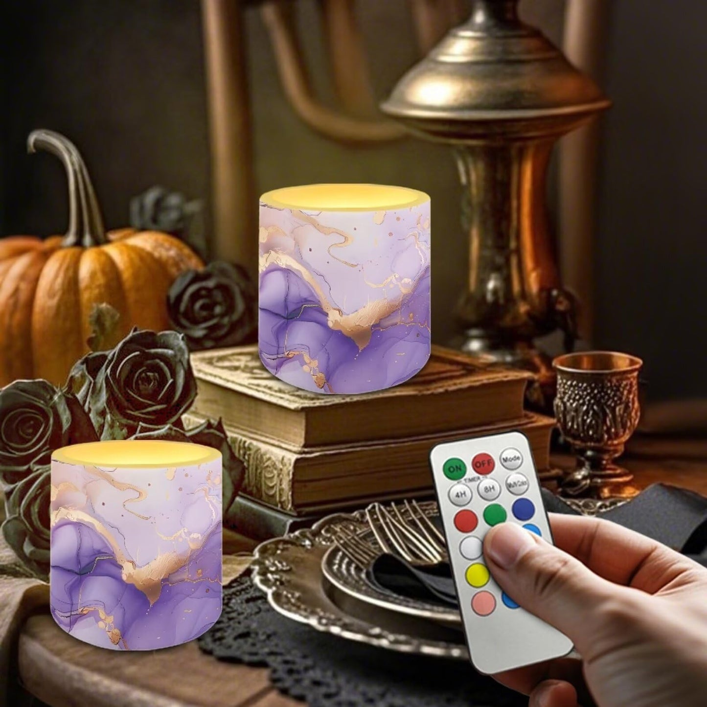 NETILGEN Flameless Candles Pack of 4 Purple Marble Print Realistic Flickering Flameless Candles with Timer Remote Color Changing Battery Operated 3 inch LED Candles