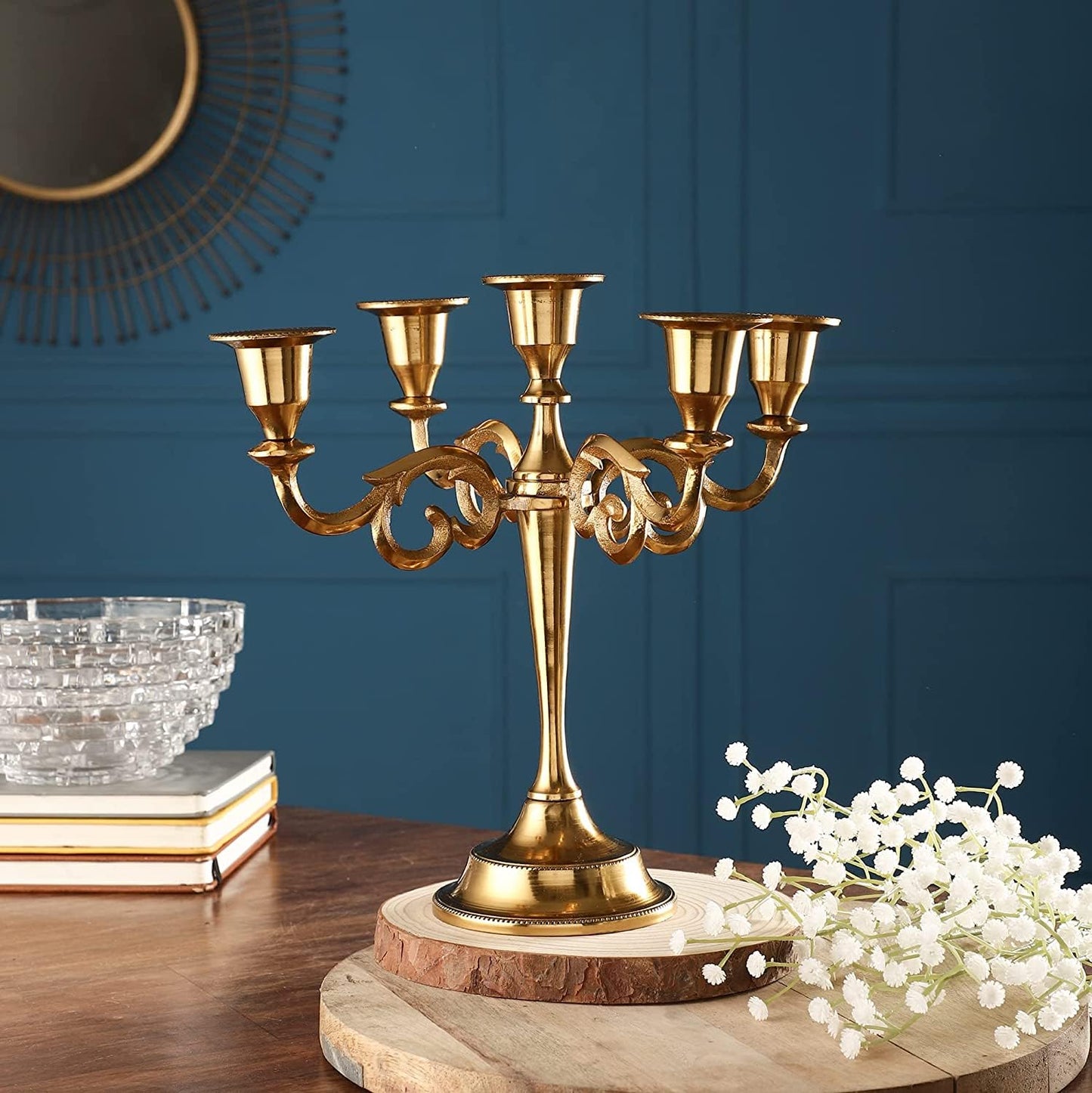 Rely+ 5 Arm Candelabra Taper Candle Holders Decorations Indoor Kitchen Décor Table Candles Candlestick Candelabra Centerpiece (Gold)