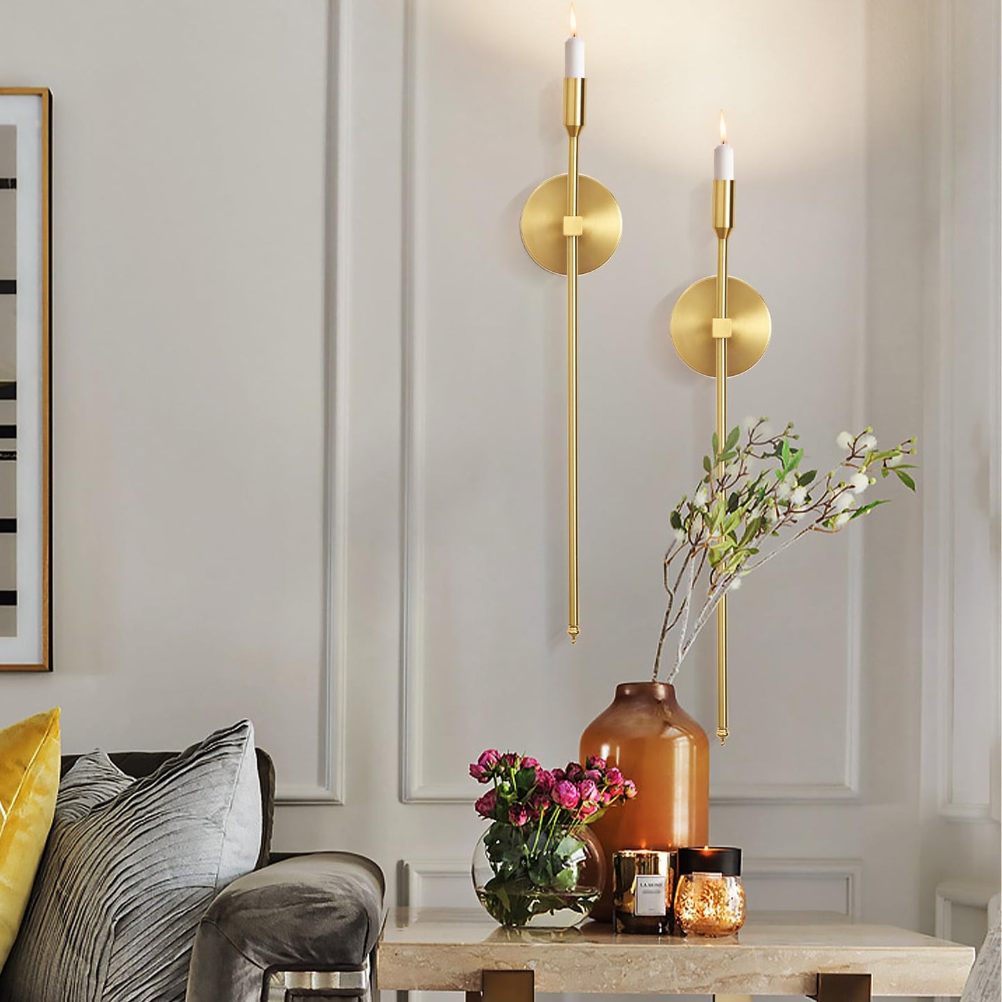 Gold Candle Sconces Long Wall Candle Holder, Set of 2 Large Wall Candle Sconce Modern Chic Home Decor for Bedroom, Dining Room, Living Room 23"