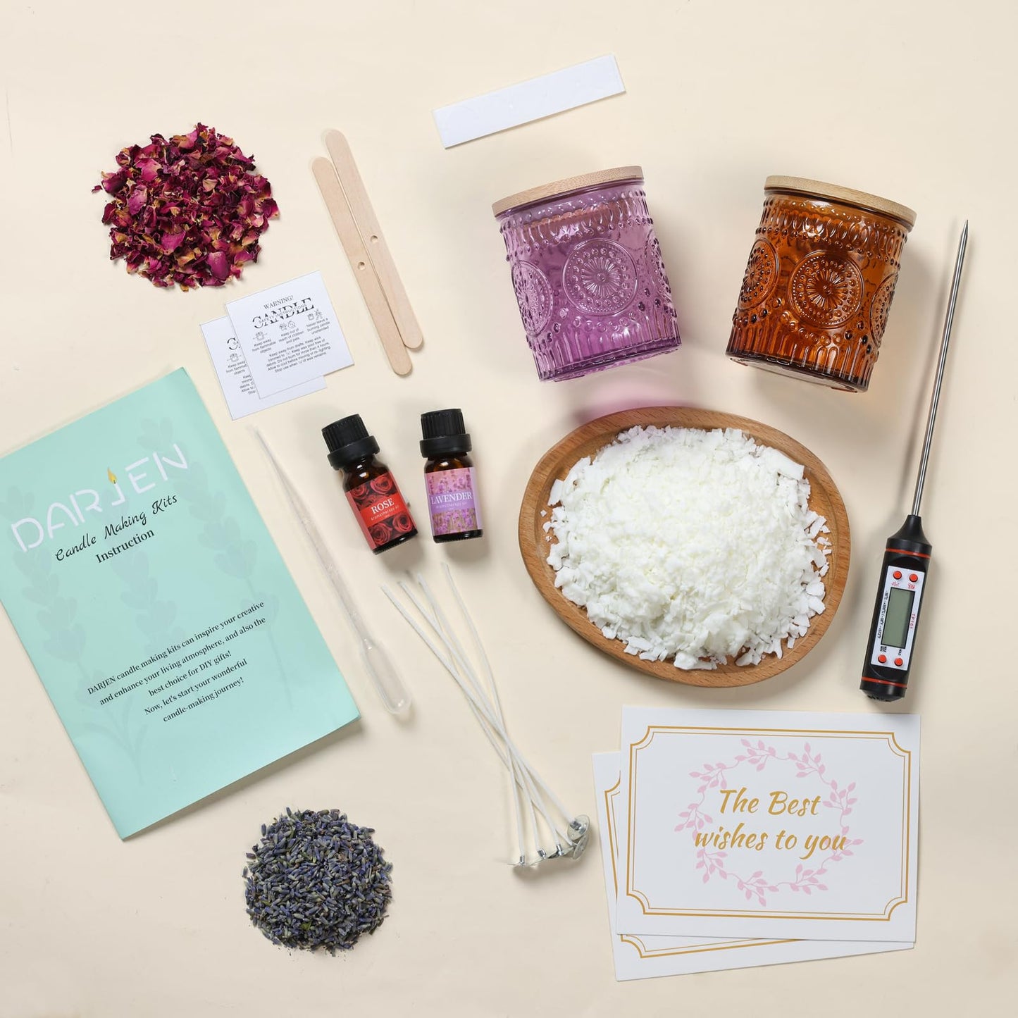 DARJEN Candle Making Kits for Adults- Soy Candle Making Supplies with 2 Candle Jars(Purple, Amber), Wax, Scents, Card & More, DIY Starter Candle Making Kit, Full Set DIY Arts & Crafts Gift