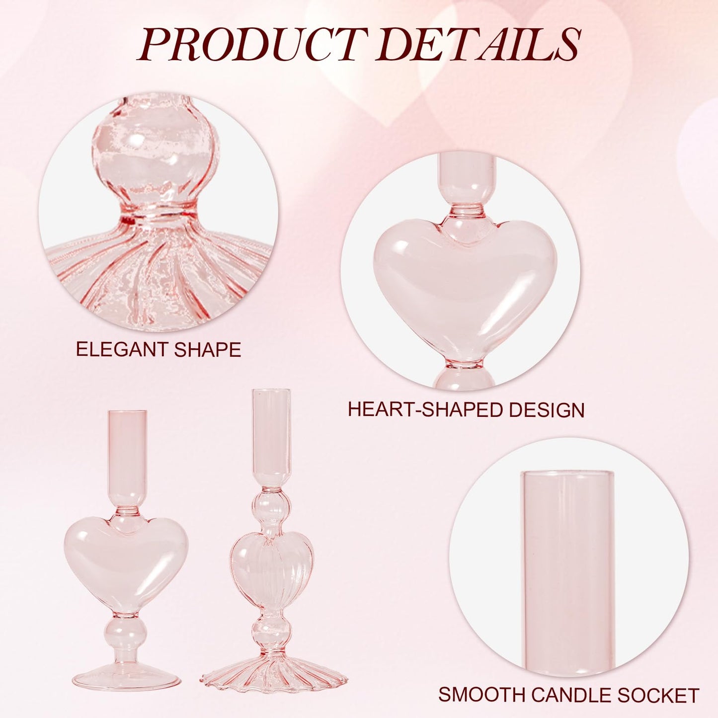 WDS WONDROUS Glass Candle Holders Set of 2 – Pink Heart Taper Candle Holders for Valentine's Day, Candlestick Holder Wedding Decorations, Farmhouse Home Coffee Table Decor & Housewarming Gifts