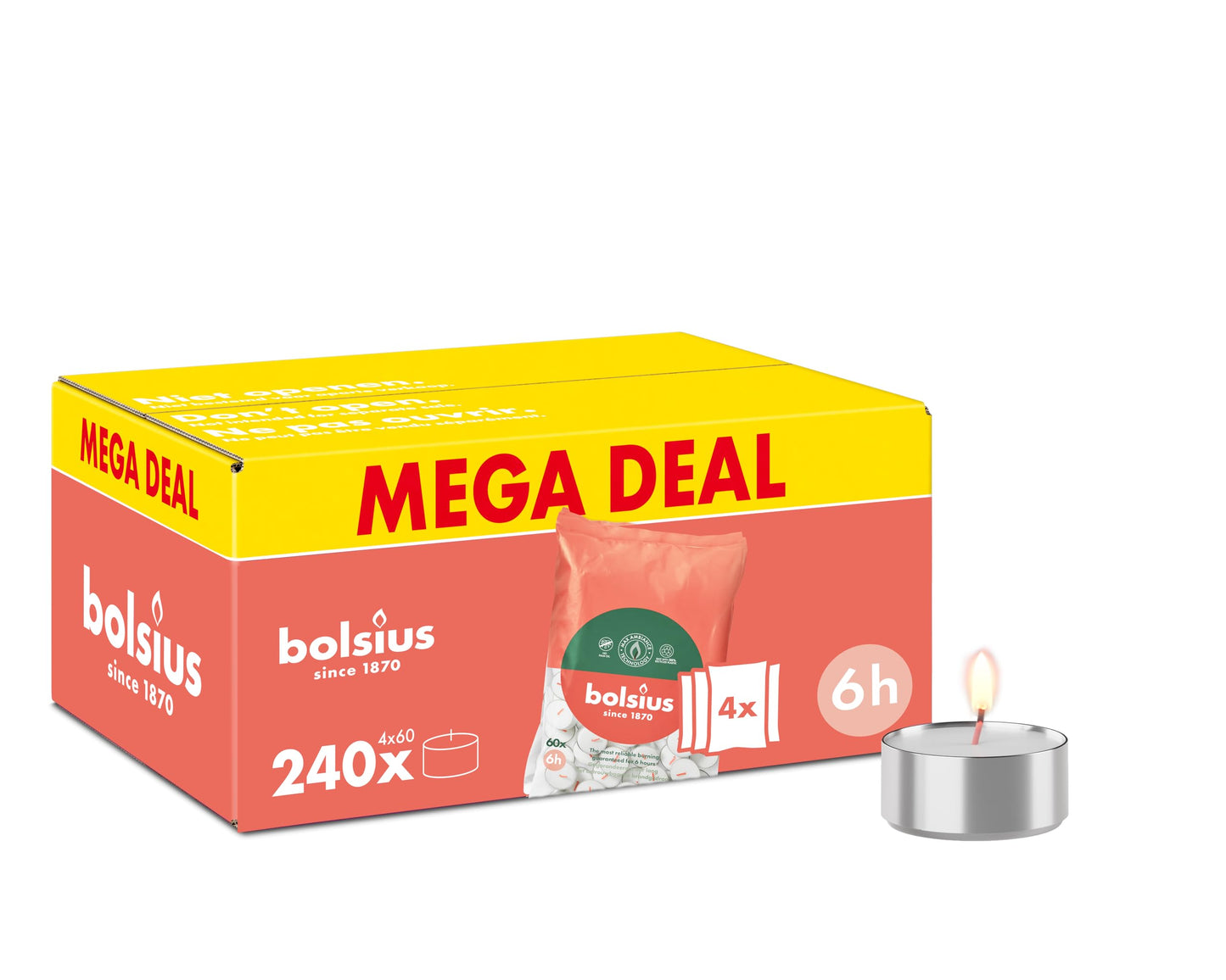 Bolsius - Bulk Pack Tea Lights - 240 Pieces - 6 Burning Hours - White - Contains Natural Plant Wax - Length Burning Time - Decorative Household Candles - Without Palm Oil