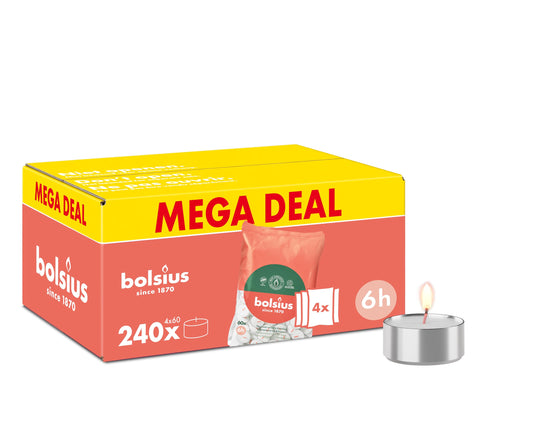Bolsius - Bulk Pack Tea Lights - 240 Pieces - 6 Burning Hours - White - Contains Natural Plant Wax - Length Burning Time - Decorative Household Candles - Without Palm Oil