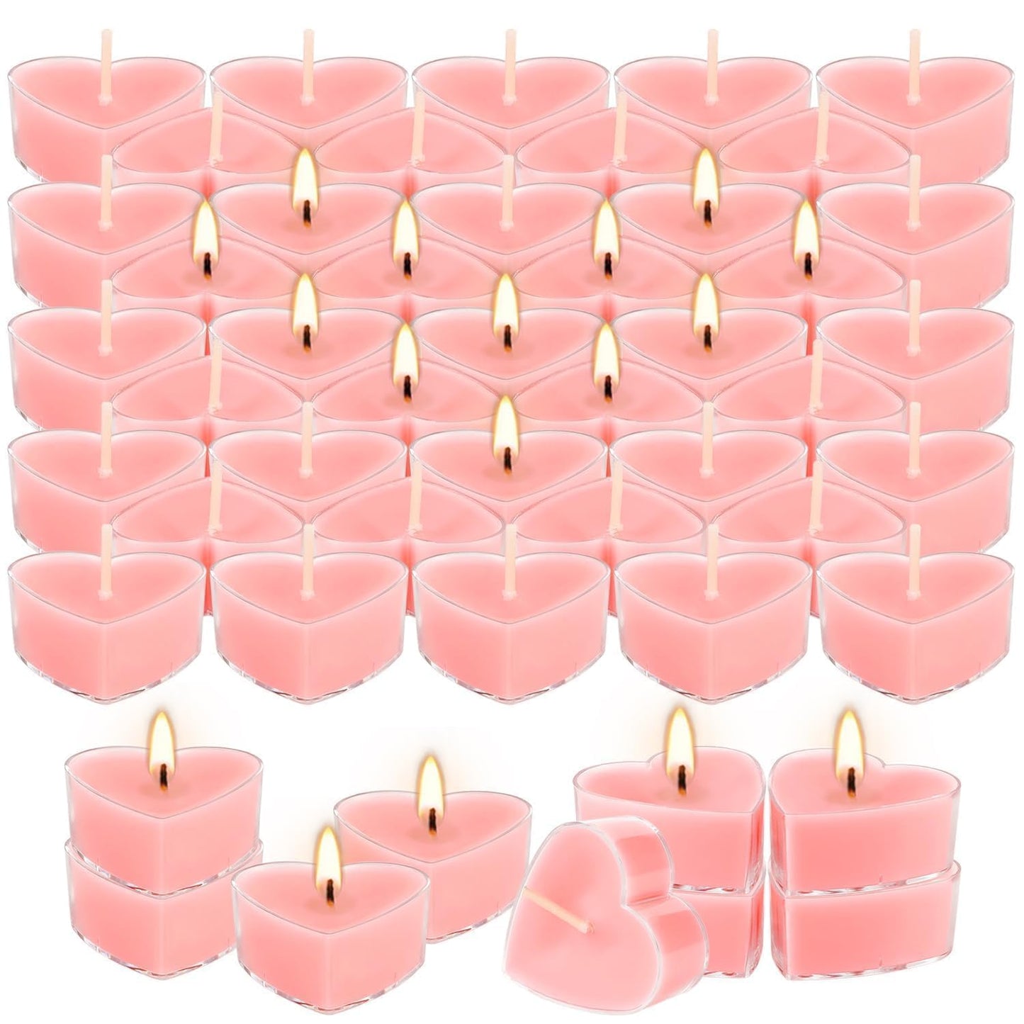 50-Pack Pink Heart Tea Wax (4-Hour Burn) - Rose-Scented Candles for Valentine's Day, Anniversaries, Weeding,Pool Parties & Romantic Decor & Special Occasions.