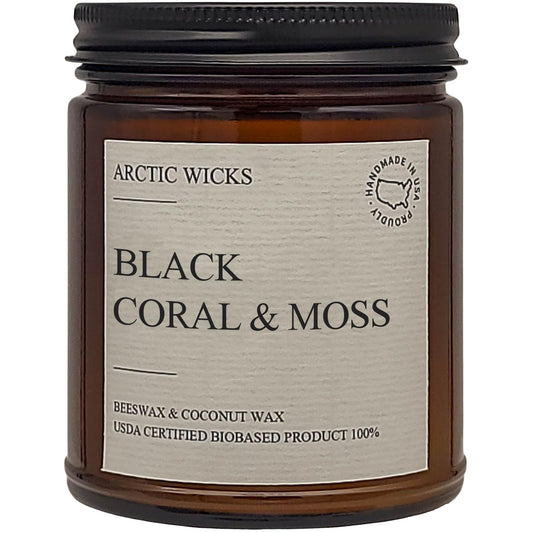 Arctic Wicks Scented Coconut Beeswax Candles | Coconut Beeswax Non Toxic Candle 9oz Amber | Farmhouse Candles Non-Toxic Clean Burn 100% USDA Certified Biobased (Black Coral & Moss)