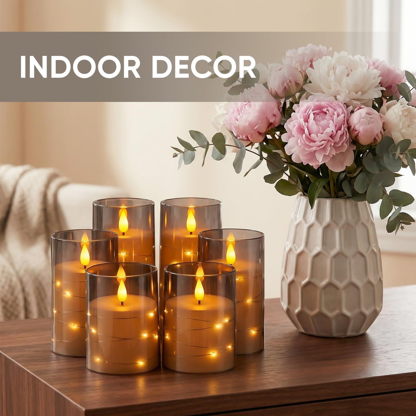 Amagic Grey Battery Operated Candles with Embedded Fairy Lights, Acrylic Fake Pillar LED Flameless Candles with Remote and Timer for Wedding Home Decor, Set of 6, D3 x H4 5" 6"