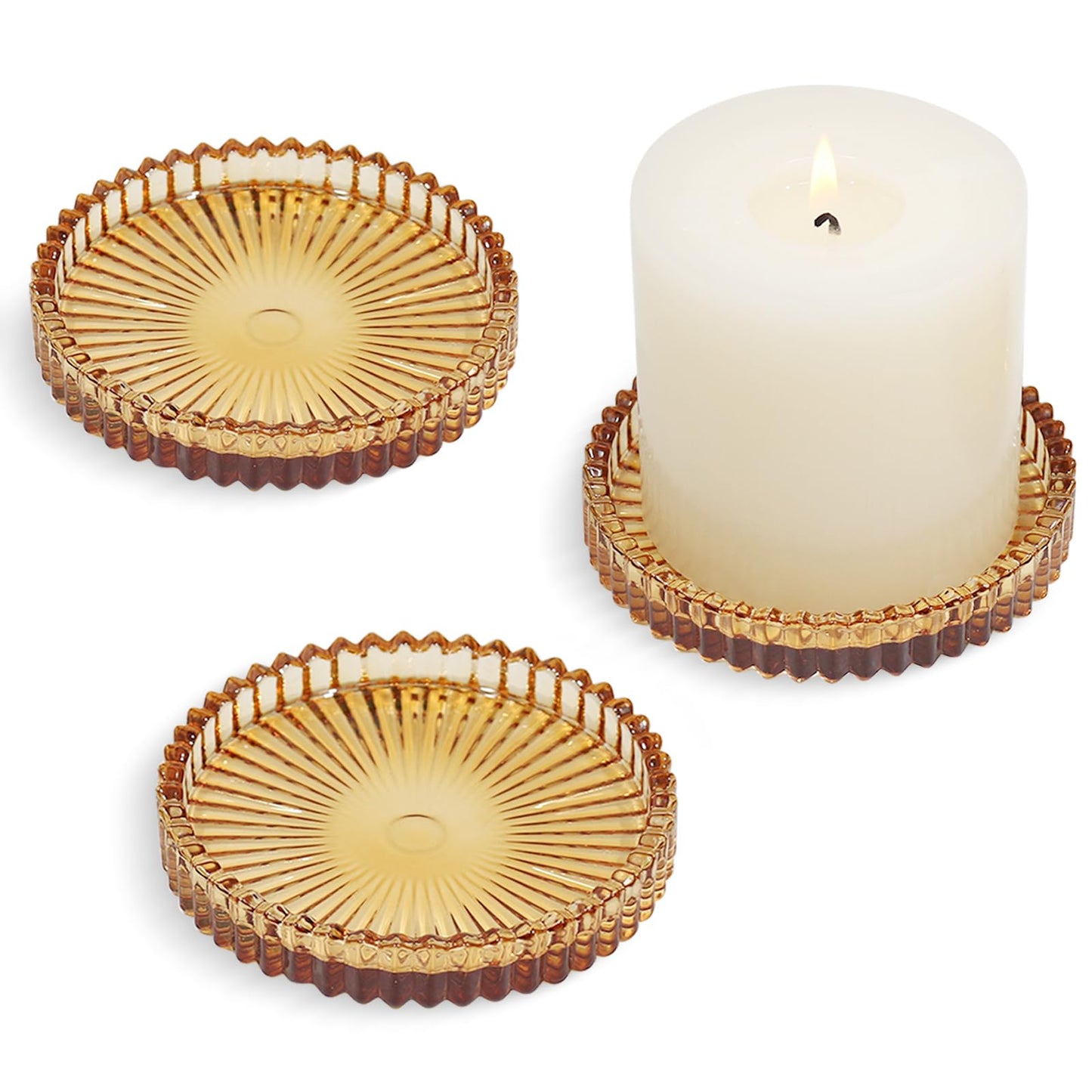 CHOCSTAY Glass Pillar Candle Holder, 4" Amber Candle Plates Set of 3, Glass Candle Holders for Wedding, Party, Holiday, Home Decor, Table Centerpiece