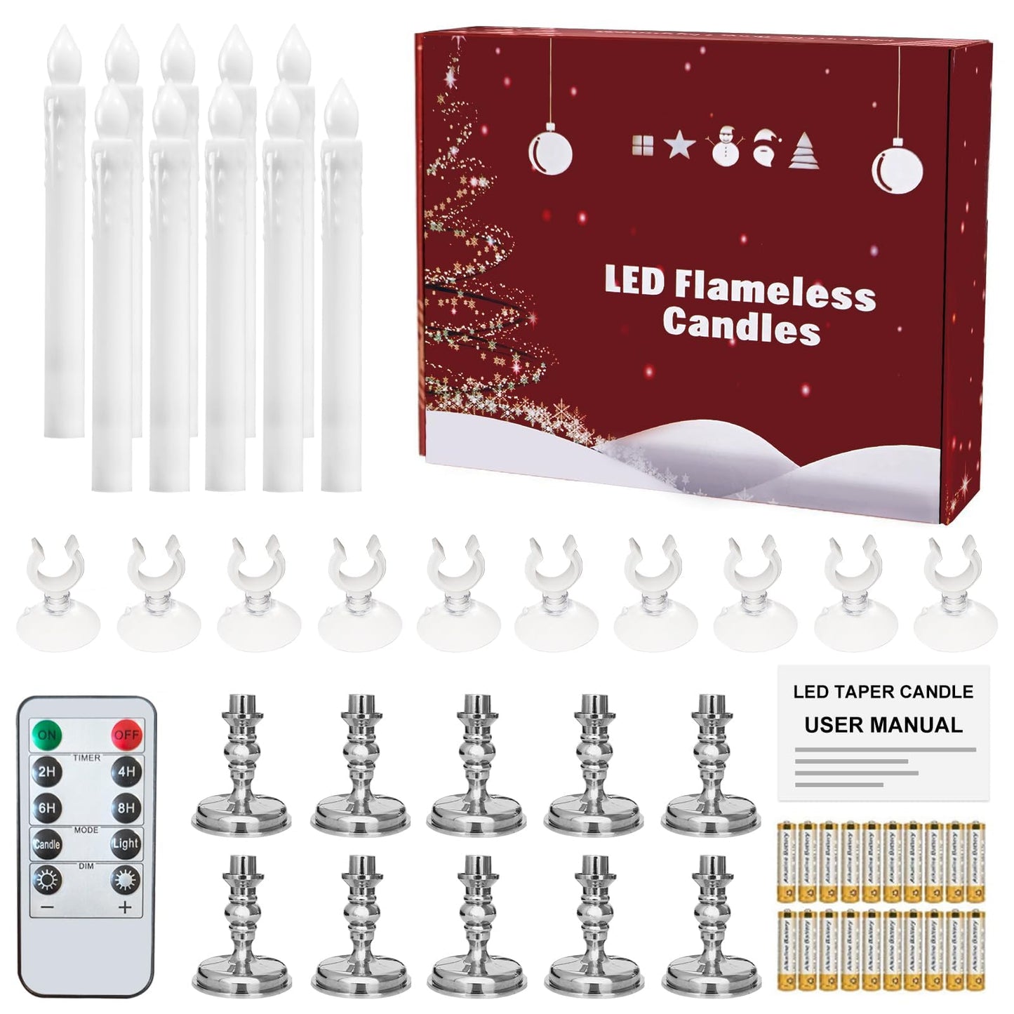 Flameless Candles 10 Pack Battery Operated Window Candles with Drip Texture,Remote Timer,10 Removable Candle Holders,10 Suction Cups,20 AAA Batteries for Home Decor Christmas Wedding (Sliver)