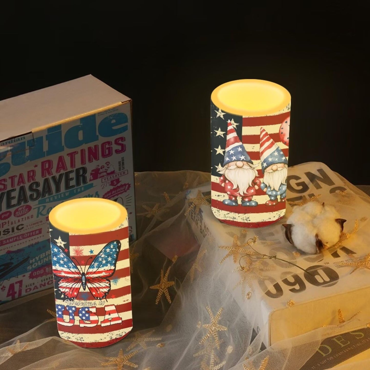 NETILGEN 2 Pcs Flameless Candles with Battery Powered Pillar Candles with Timer Remote American Flag Butterfly Gnome Print July 4th Patriotis USA Flag Memorial Day Decor