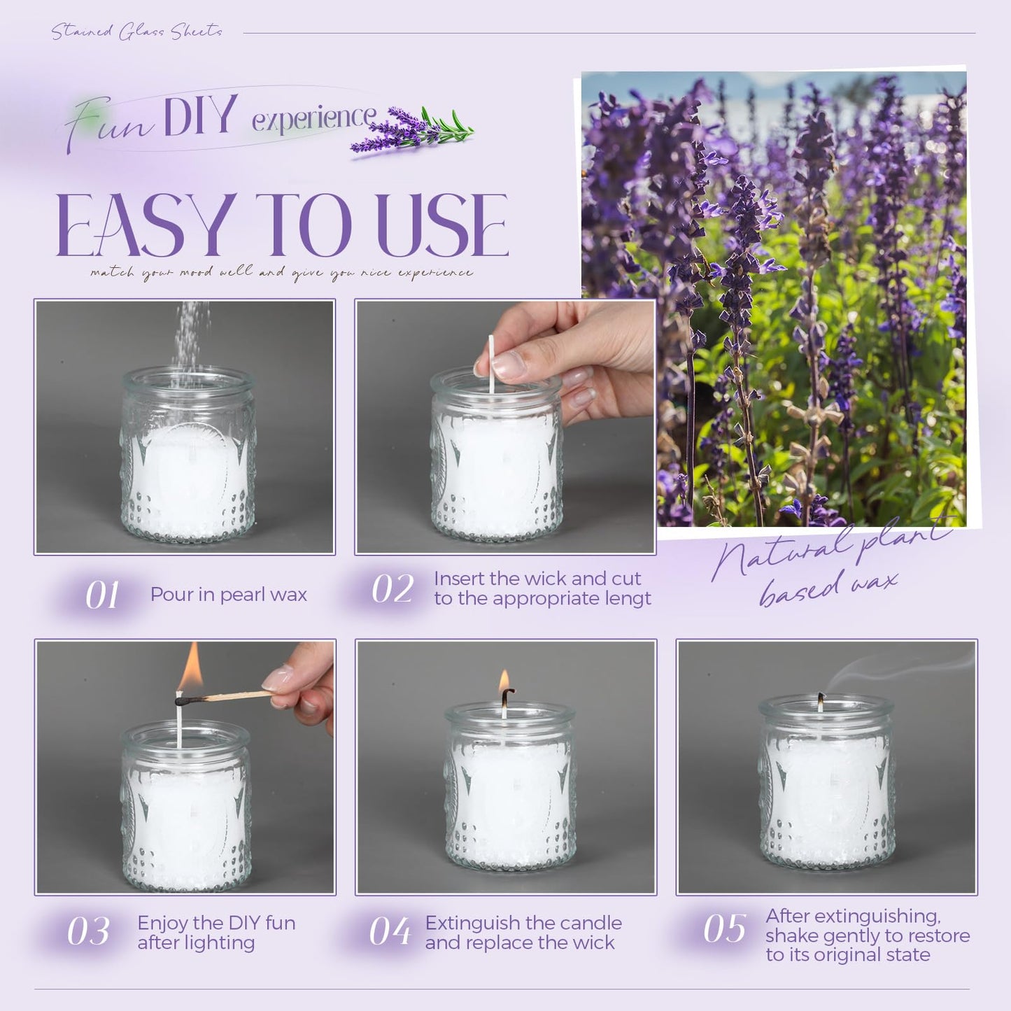 MTLEE Pearled Candle 2.2 Lb/35oz Mother's Day Mom Gifts Scented Sand Candle Kit Include 50 Wicks, Bow Gift Box, Spoon Reusable Pearled Wax for DIY Home Kit(Lavender)