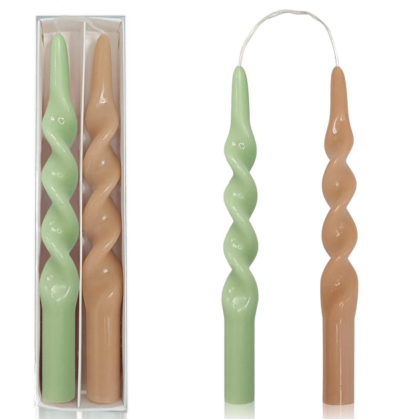 XINAOBAOLUO Spiral Taper Candles Twisted Candlestick 10 Inch Tall Candle Stick Smokeless Wax Candle Unscented Long Candles for Home Decoration Holiday Wedding Party, Brown & Green