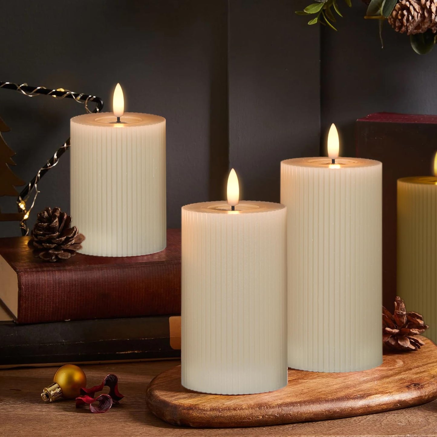 Eldnacele Vertical Stripe Pillar Flameless Candles with 6 Hours Timer, Battery Operated 3D Wick Flickering Warm Lights Real Wax Gray LED Candles Dinner Indoor Holiday Christmas Decor(3Pcs,3"×5"/6"/7")
