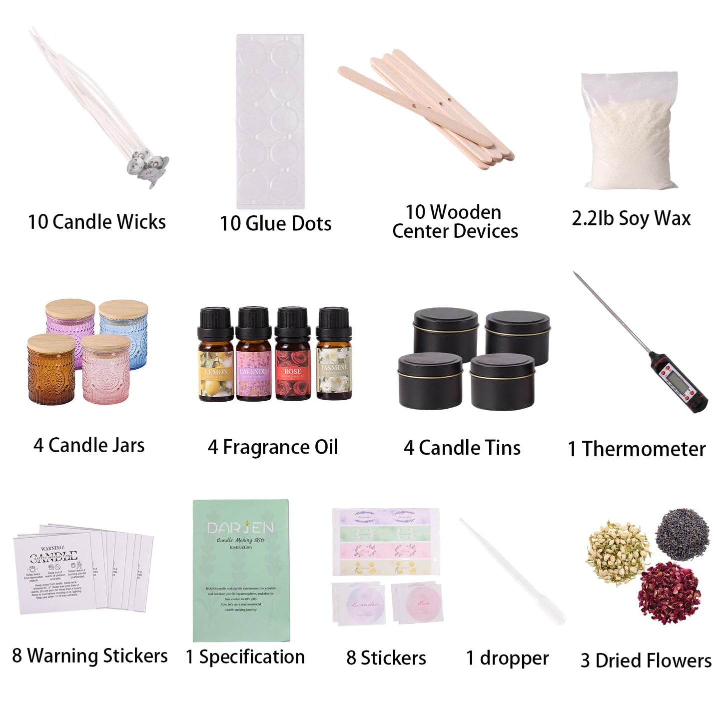 DARJEN Candle Making Kits - Soy Candles Making Supplies for Adults Including 4 Candle Jars(Amber, Pink, Blue, Purple), Candle Tins, Wax, Scents, Dried Flower & More, DIY Arts & Crafts Kits Home Decor