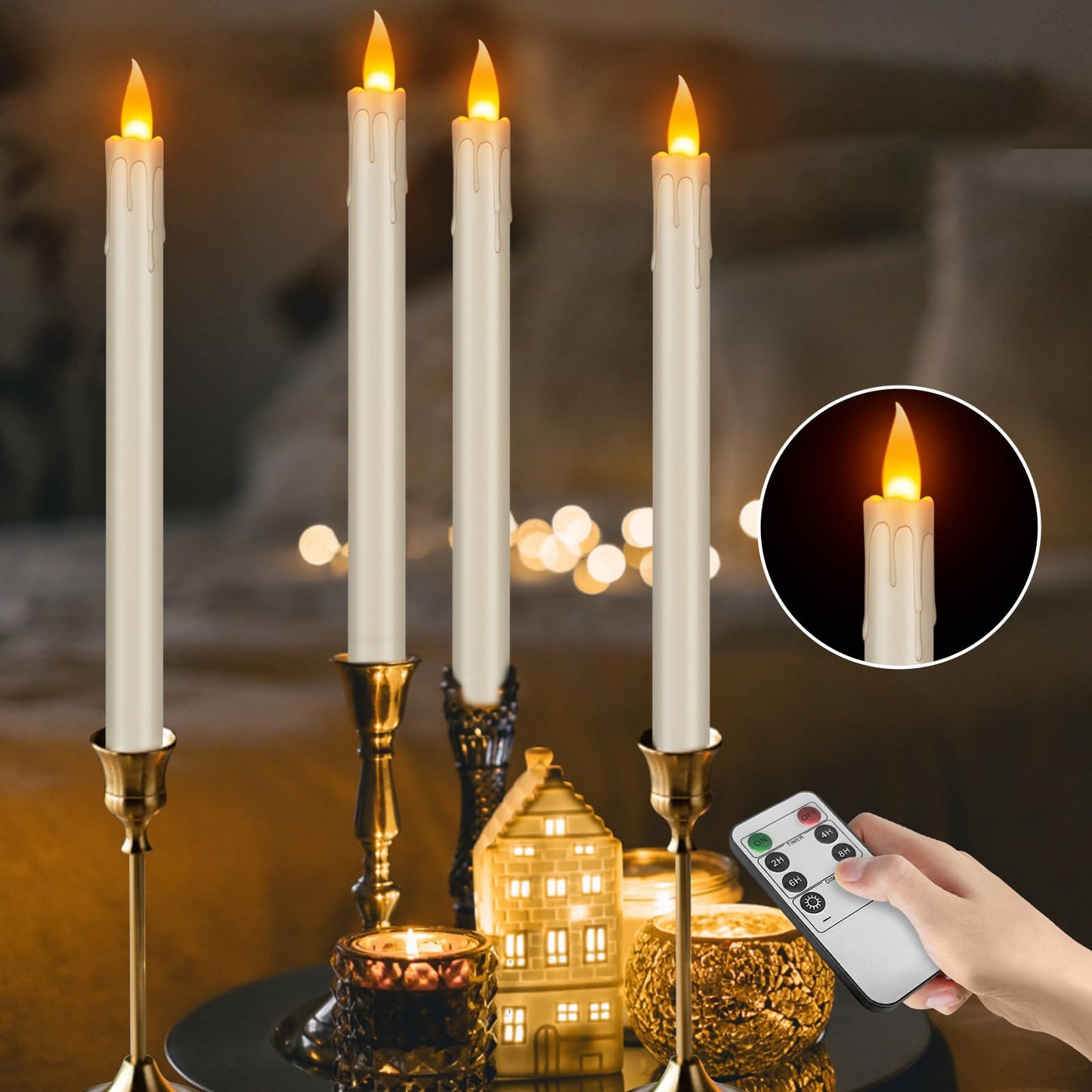 wemarry Flickering Flameless Taper Candles, 10" Fake Taper Candles Battery Operated with Timer, Long Lasting-Ivory Electric Led Candlesticks for Xmas Halloween Wedding Home Décor(Ivory Drip, 12 Pack)