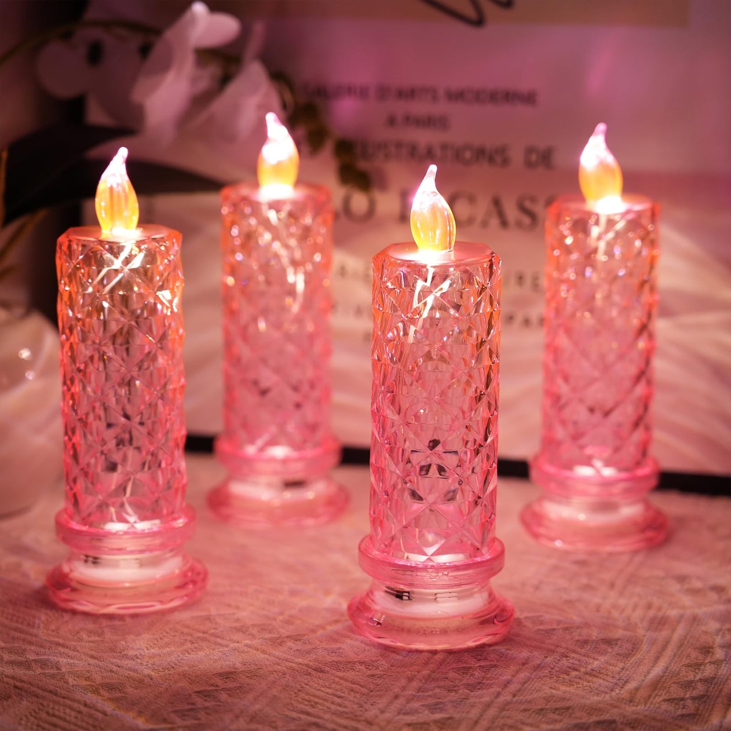 SupBri Rose Shadow LED Flameless Candles, 4PCS Romantic Battery Operated Candles Led Pillar Candles for Valentines Romantic Propose Anniversary Wedding Decorations(Pink, D 2.5" x H 7.2")