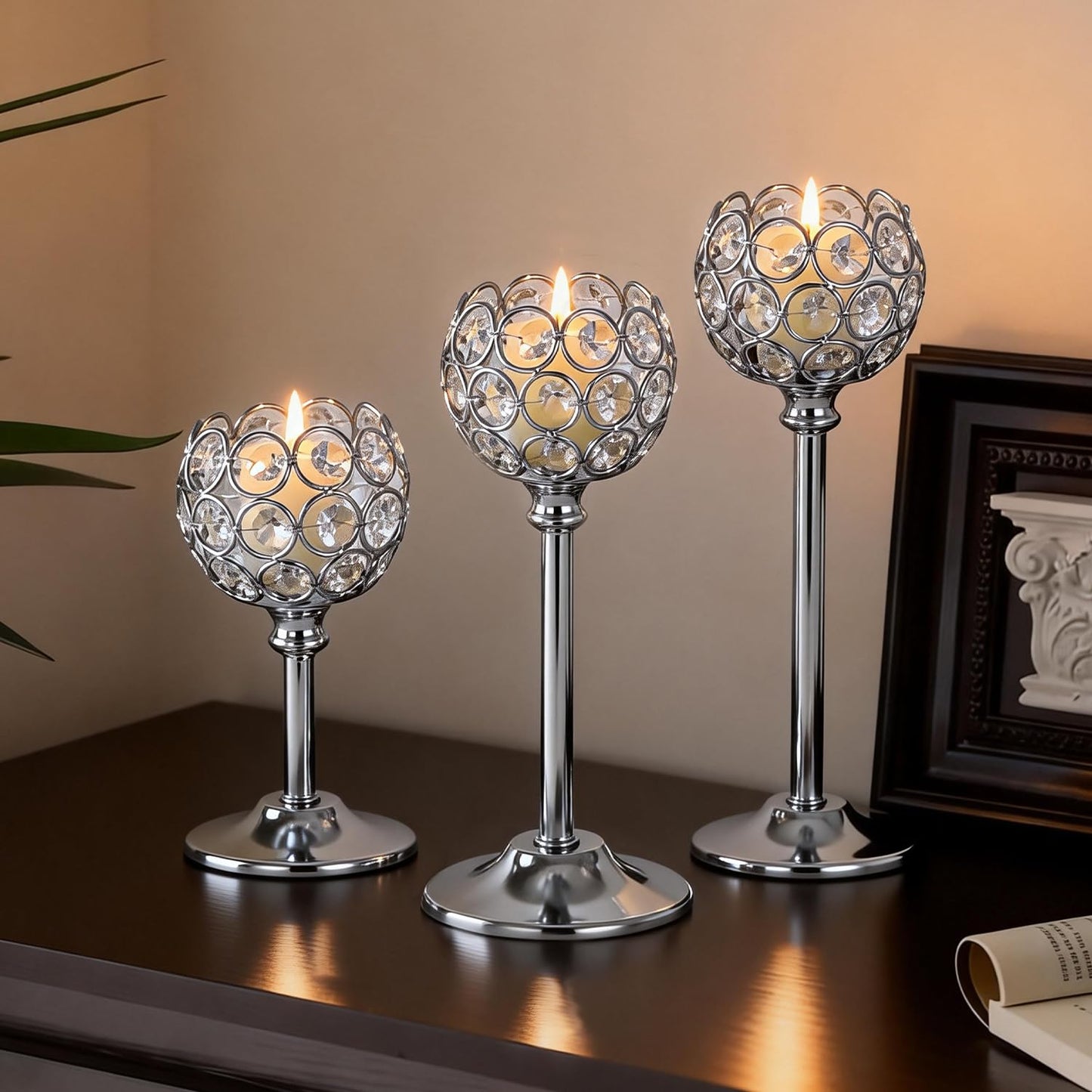 Oakernel Silver Crystal Candle Holders Candlestick Holders - 2 Sets Tall Bling Bowl Candelabra Centerpieces for Dining Table, Wedding, Party & Fireplace Mantel Decor,6Pcs