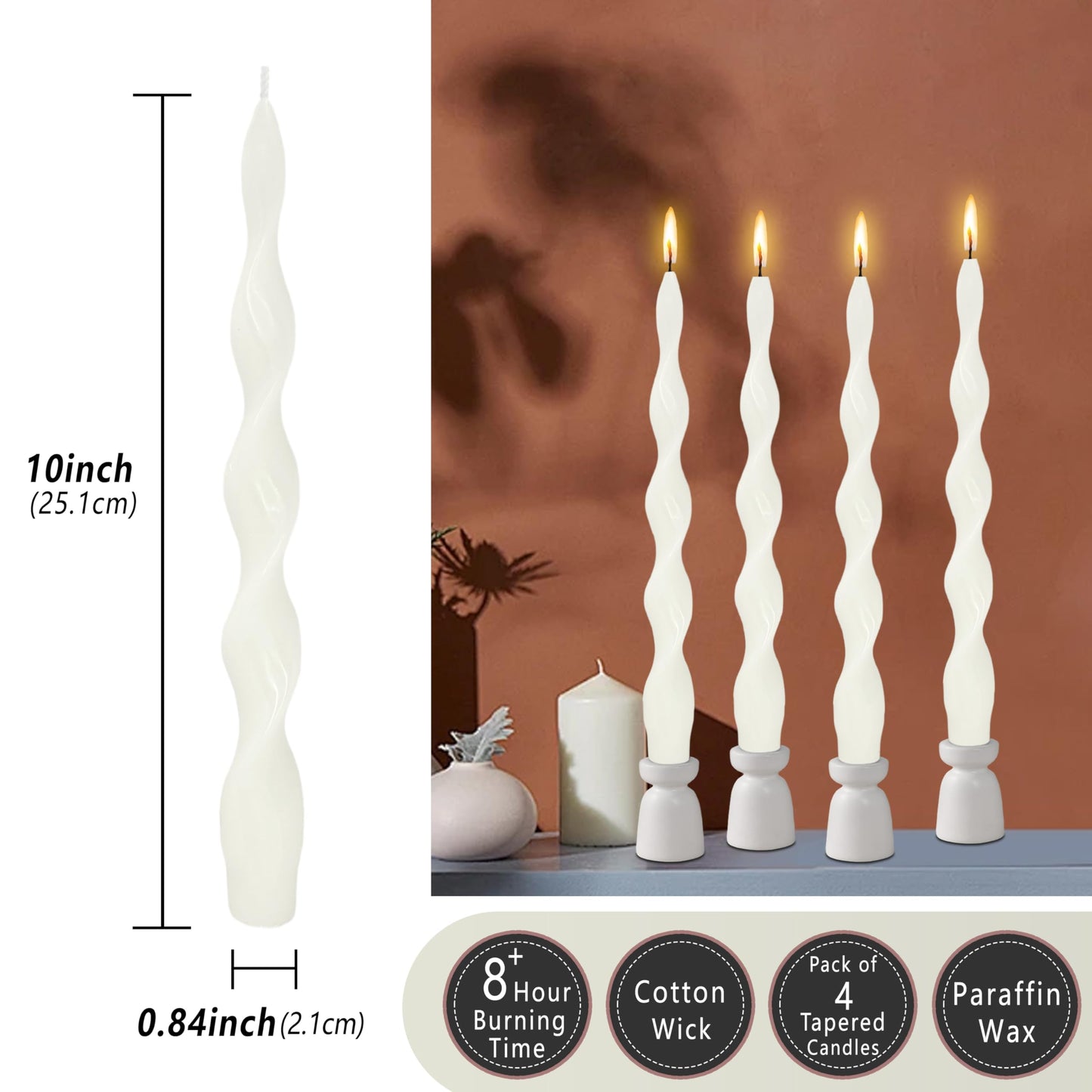 White Thin Twisted Candle Sticks 10 inch Long Spiral Candles Unscented Smokeless Twirl Tapered Candles for Weddings Holiday Dinner Meditation Home Decor Pastoral Rural Style