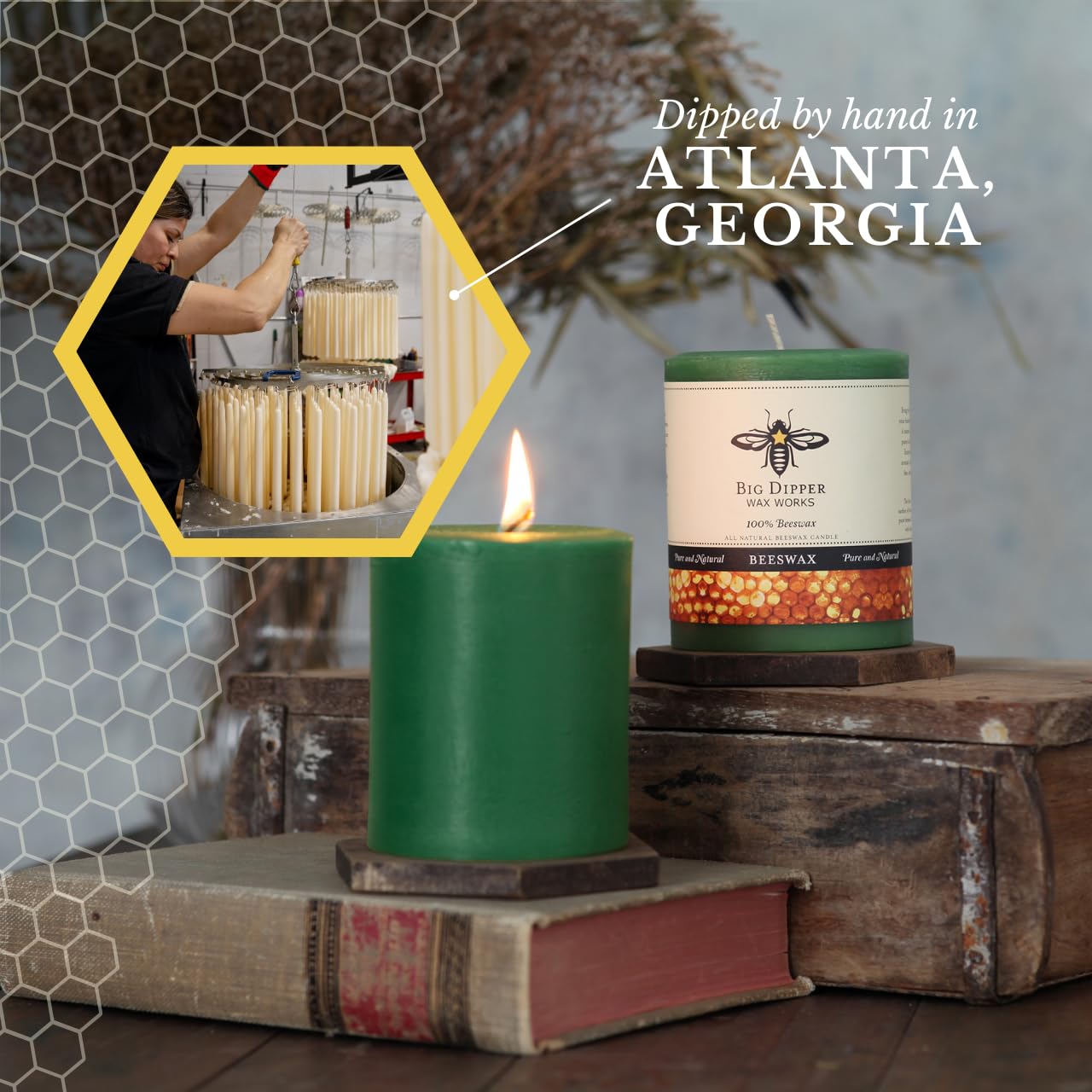 Big Dipper Wax Works Moss Green Pillar Candle, 60-Hour Long Burn, Pure Beeswax Candle, 3" x 3.5”