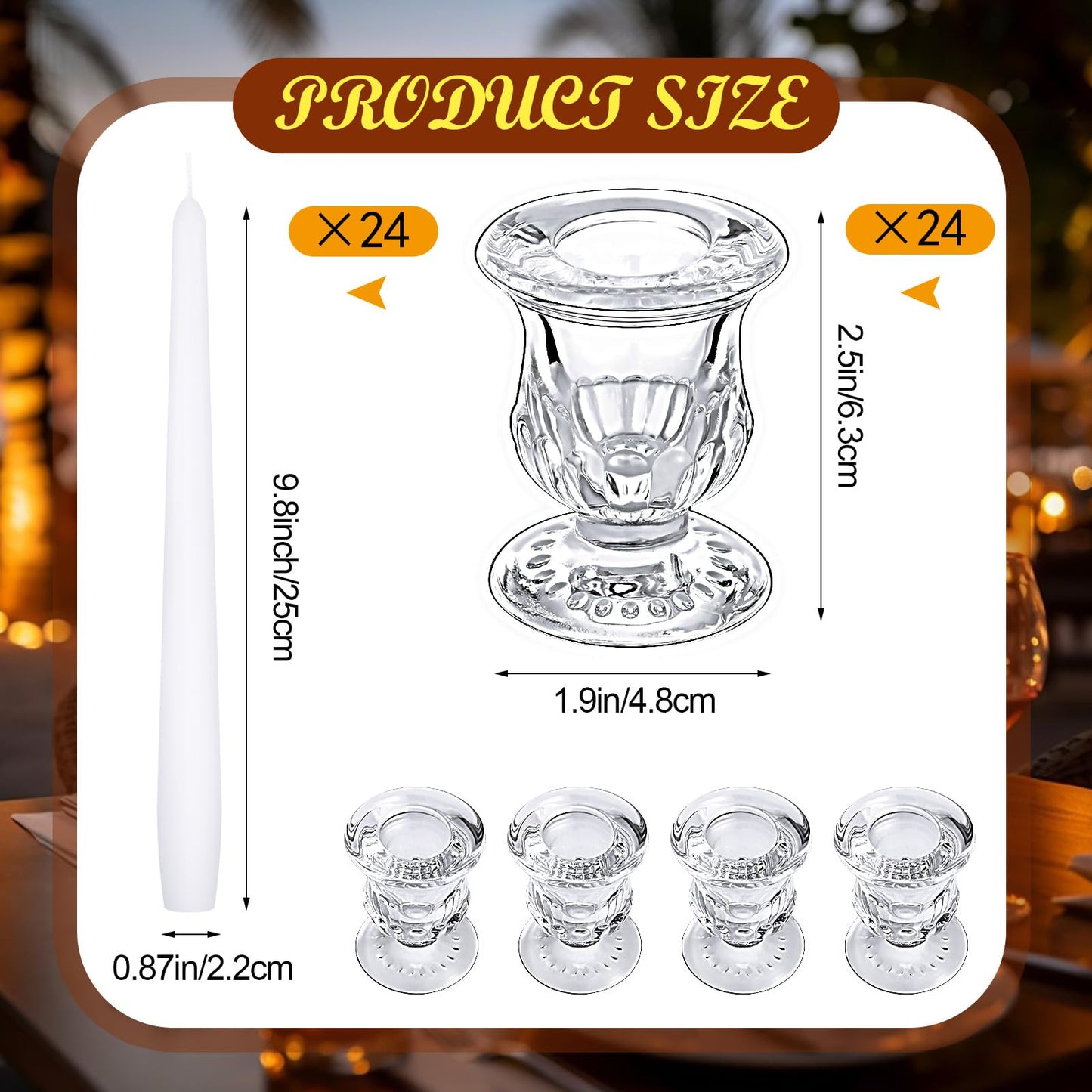 48 Pcs Taper Candlestick Holder Clear Glass Candle Holder with 10 Inch White Candles 8 Hours Burn Time Smokeless Candles for Wedding Table Centerpiece Party Decorations