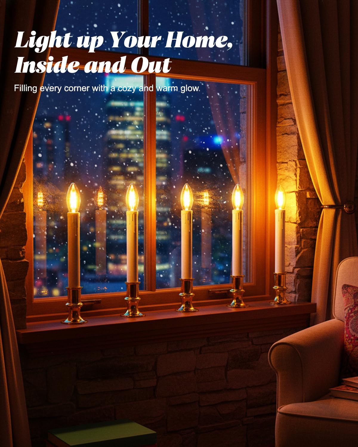 SUNSGNE Battery Operated Window Candles, Flameless Window Candles with Auto Timer for Holiday Home Table Christmas Decor, C26 LED Ultra-Bright Bulbs, 4 Pack, Gold Base