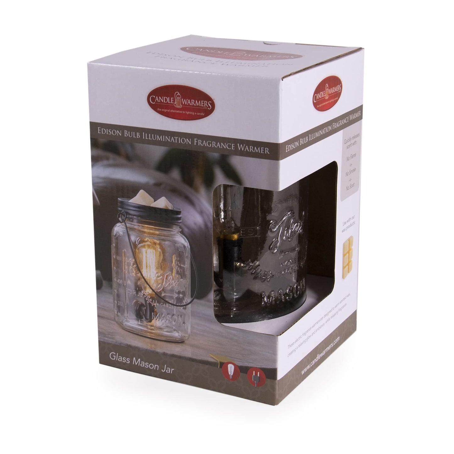 Candle Warmers Etc. Vintage Style Bulb Fragrance Warmer- Light-Up Warmer for Warming Scented Candle Wax Melts and Tarts or Essential Oils to Freshen Room, Clear Mason Jar