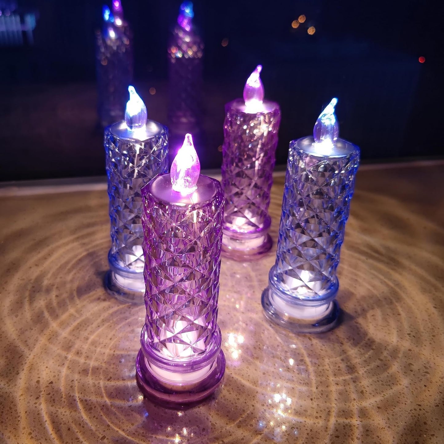 SupBri LED Candles, 4Pack Battery Operated Candles with Rose Light Halo, Romantic Flameless Pillar Candles for Valentines Halloween Decorations(Purple, D 2.5" x H 7.2")