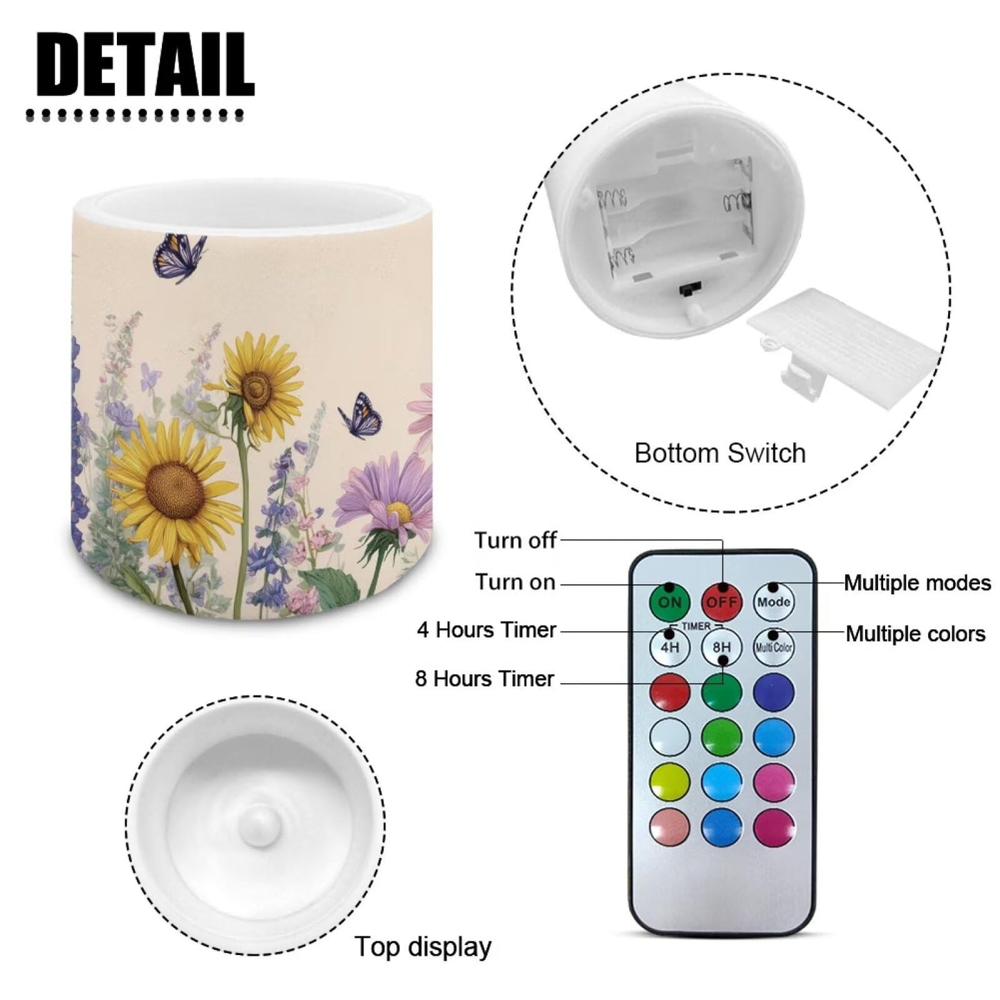 Cozeyat Sunflower Butterfly Waterproof LED Candles Set of 4 Battery Operated Flameless with Remote Timer Dancing Flame Pillar Candles for Indoor Outdoor Use