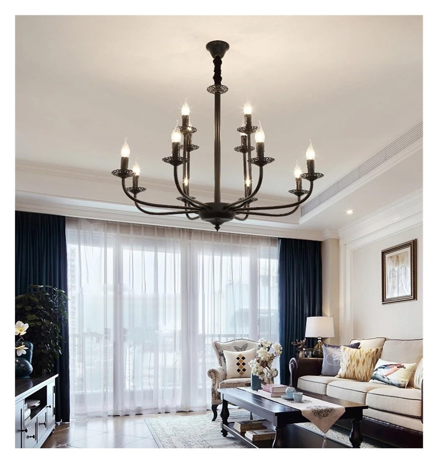 Wrought Iron Chandelier Candle Light Black Metal Lighting Fixture for Living Room Foyer Art Hanging Pendant Lamp,Luxury Style