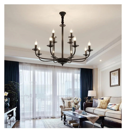 Wrought Iron Chandelier Candle Light Black Metal Lighting Fixture for Living Room Foyer Art Hanging Pendant Lamp,Luxury Style