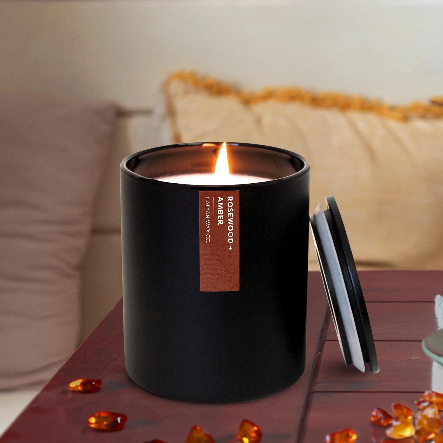 Calyan Wax Co. Rosewood & Amber Scented Candle - 75 Hour Burn - Luxury Clean Soy Wax Candles - Long Lasting Black Tumbler Jar Candle for Home - 10.2oz