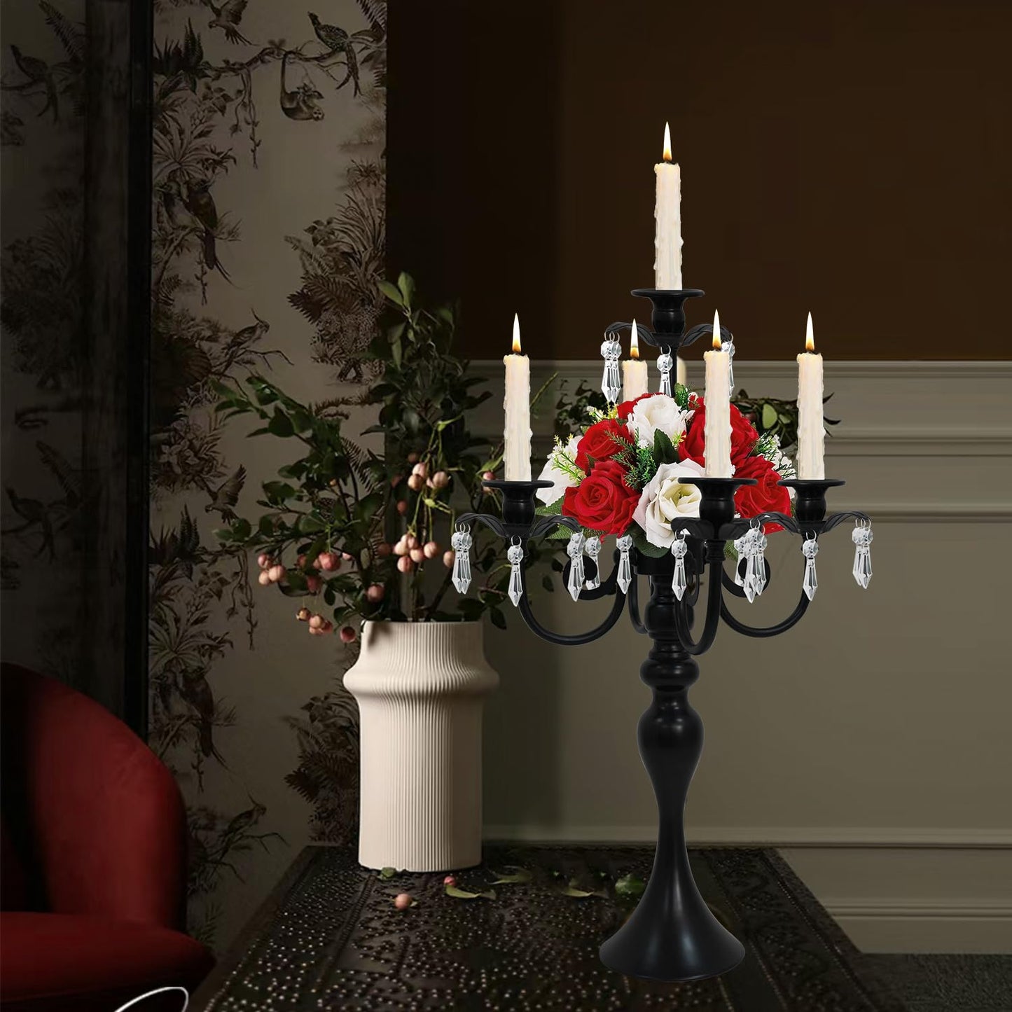 2Pcs Candelabras Centerpieces for Tables, 20" Tall Candlestick Holder for Taper Candles, 5 Arm Crystal Candelabra Candle Holder for Wedding Centerpiece Decor Party Event Reception Decoration (Black)
