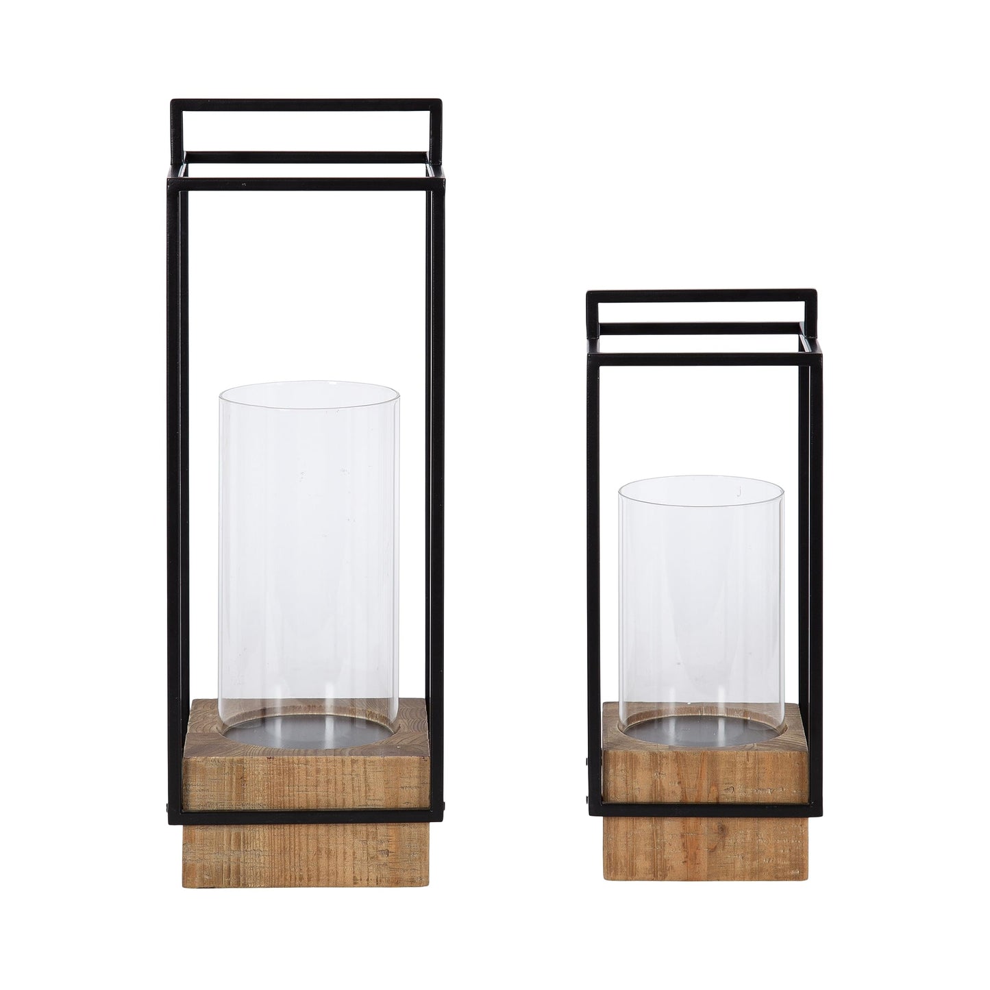 Kate and Laurel Brandt Farmhouse Two-Piece Candle Holder Set; 7 x 7 x 19; Hazelnut and Black; Transitional Wood and Metal Lantern Candle Holders for Fireplace Mantel Display