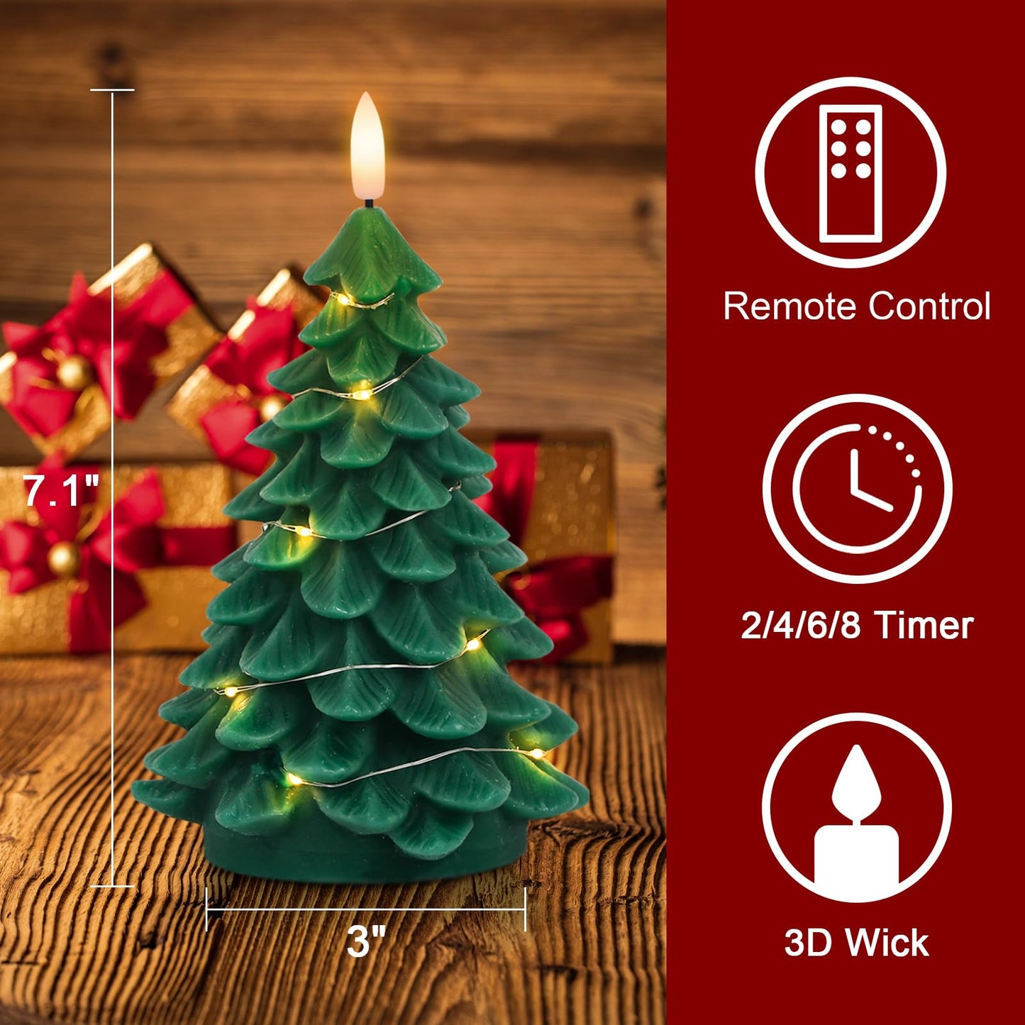 Eldnacele Christmas Tree Flameless Candles String Lights with 11-Key Remote and Timer, Battery Operated 3D Wick Flickering Real Wax LED Pillar Candles Xmas Eve Dinning Holiday Decor(2Pcs,3"×7.1")