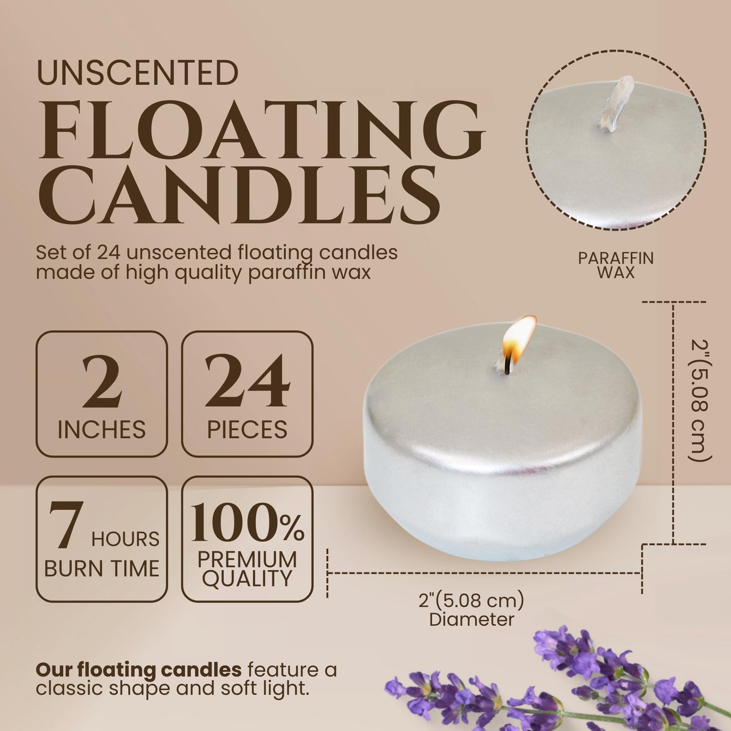 24 Pack - 2” Silver Floating Candles - Floating Candle 2 inch for Centerpieces - Unscented Paraffin, Cotton Wicks, 4-Hour Clean Burn for Wedding, Proposal Decorations, Romantic Night for Her/Him