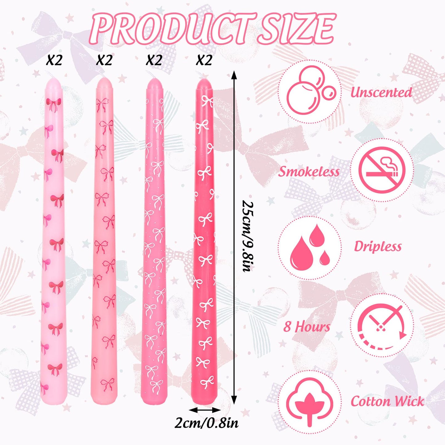 FYSUIMU 8 Pcs 10 Inch Mother's Day Pink Bow Taper Candles Gradient Pink Bowknot Wax Taper Candles Coquette Long Unscented Candle Sticks for Wedding Birthday Baby Shower Bachelorette Party Decor