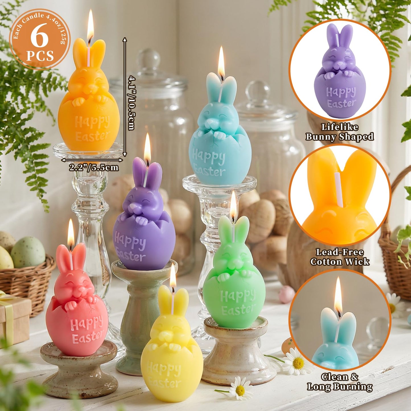 Lanpn 6 Pcs Easter Bunny Candles Gift Set, Mini Rabbit Shaped Votive Tea Lights, Easter Flower & Fruit Scented Candles, Each 4.4 oz, Spring Party Holiday Decor Home Table Centerpiece, Macaron Color