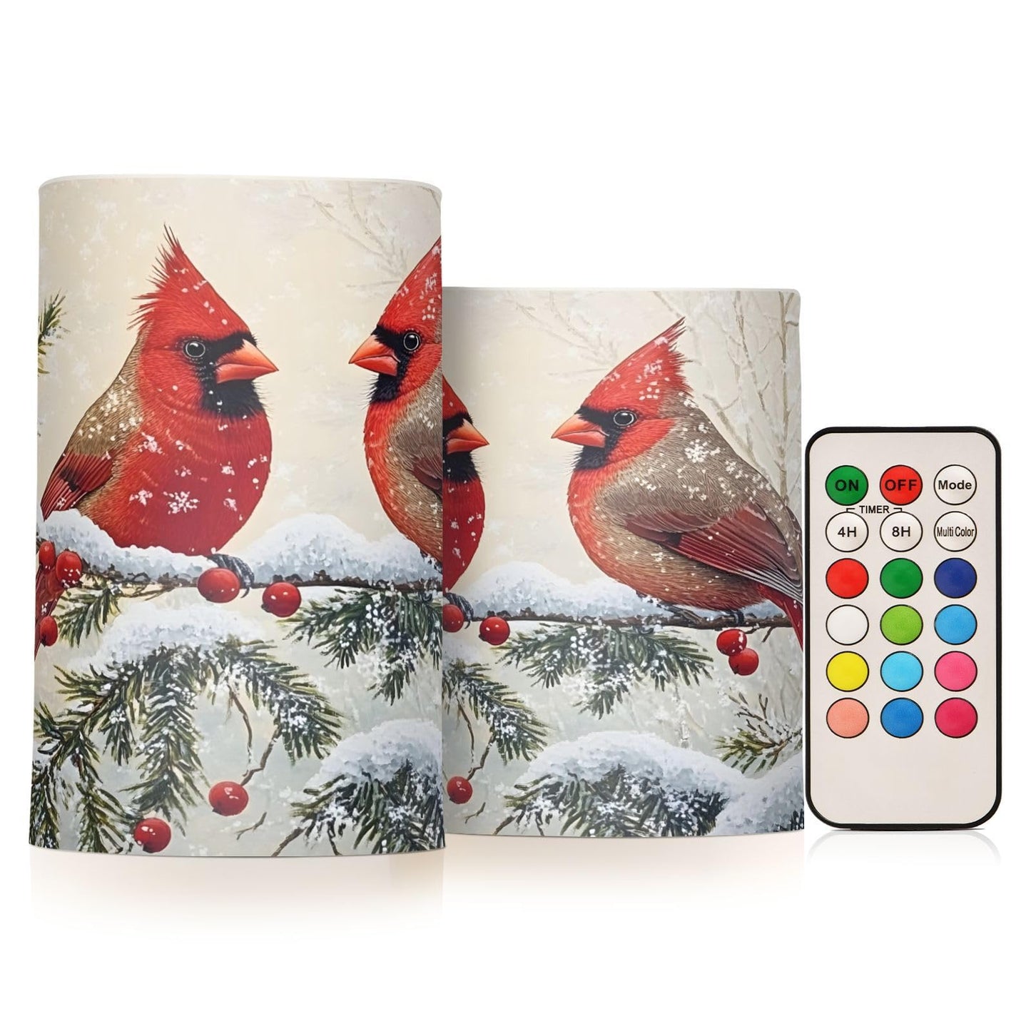 ALAZA Red Cardinals Birds Snowflake Branches Berries Winter Flameless Candles Flickering LED Candles with Remote Timer Battery Operated Pillar Candles Set of 2 for Dinner Holiday Decor
