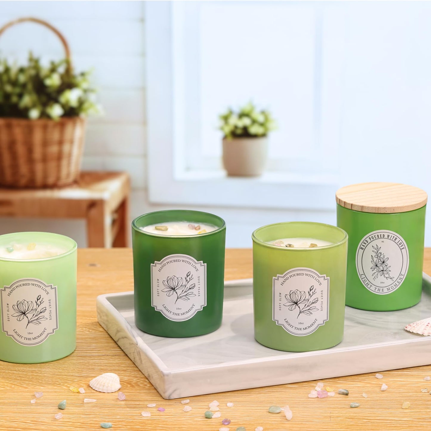12Pcs Assorted Green Glass Candle Jars with Wooden Lids for Making Candles, 10 OZ Empty Candle Jars with Labels and 100g Crystal Rocks, Candle Making Supplies Candle Containers for Home DIY & GIFTS