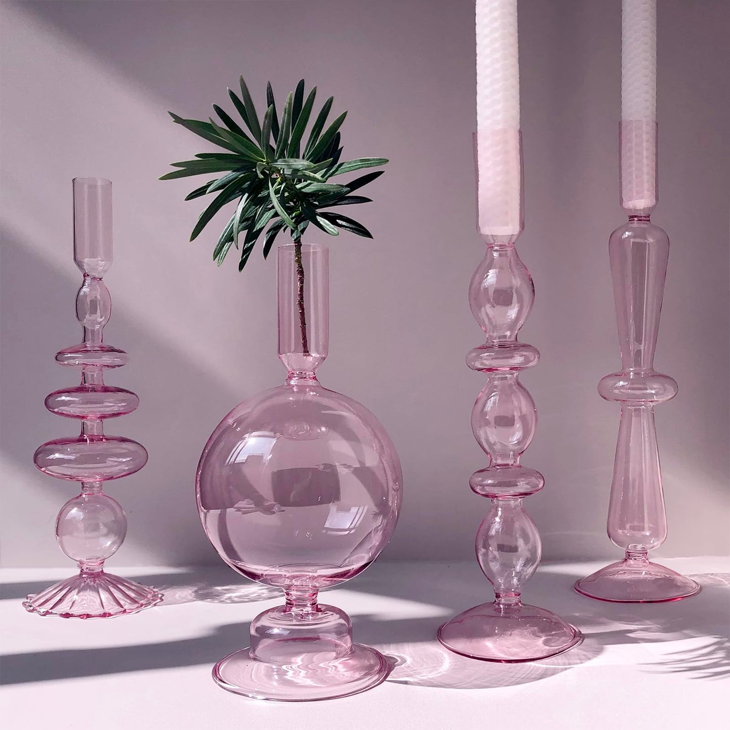 Amanman Candle Stick Candle Holder, Glass Candle Holders for Table Centerpiece, Modern Style Pink Candle Holder Mixed 4pcs