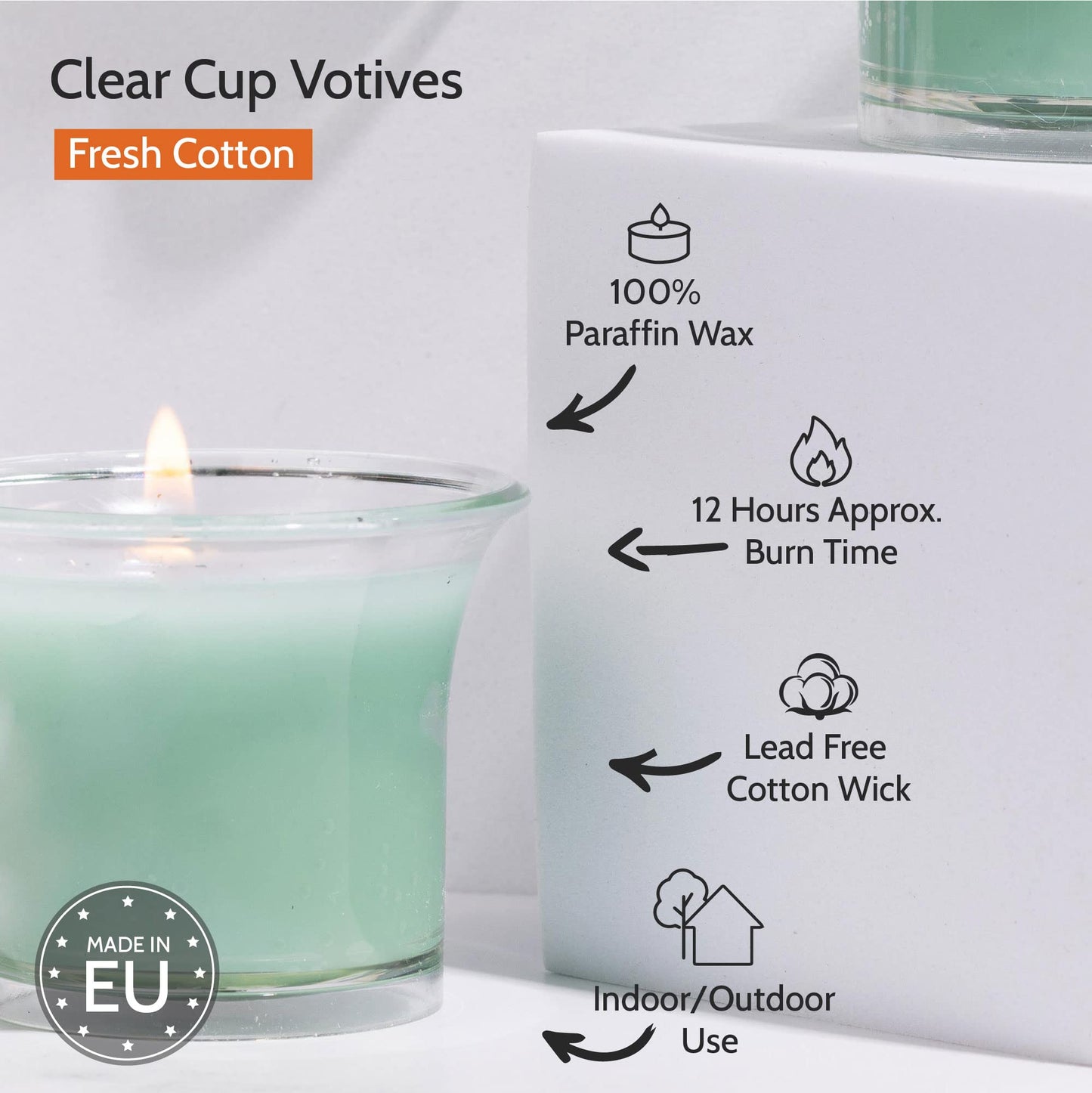 Hyoola Clear Cup Scented Votive Candles - Fresh Cotton - 12 Hour Burn Time - 4 Pack - European Made