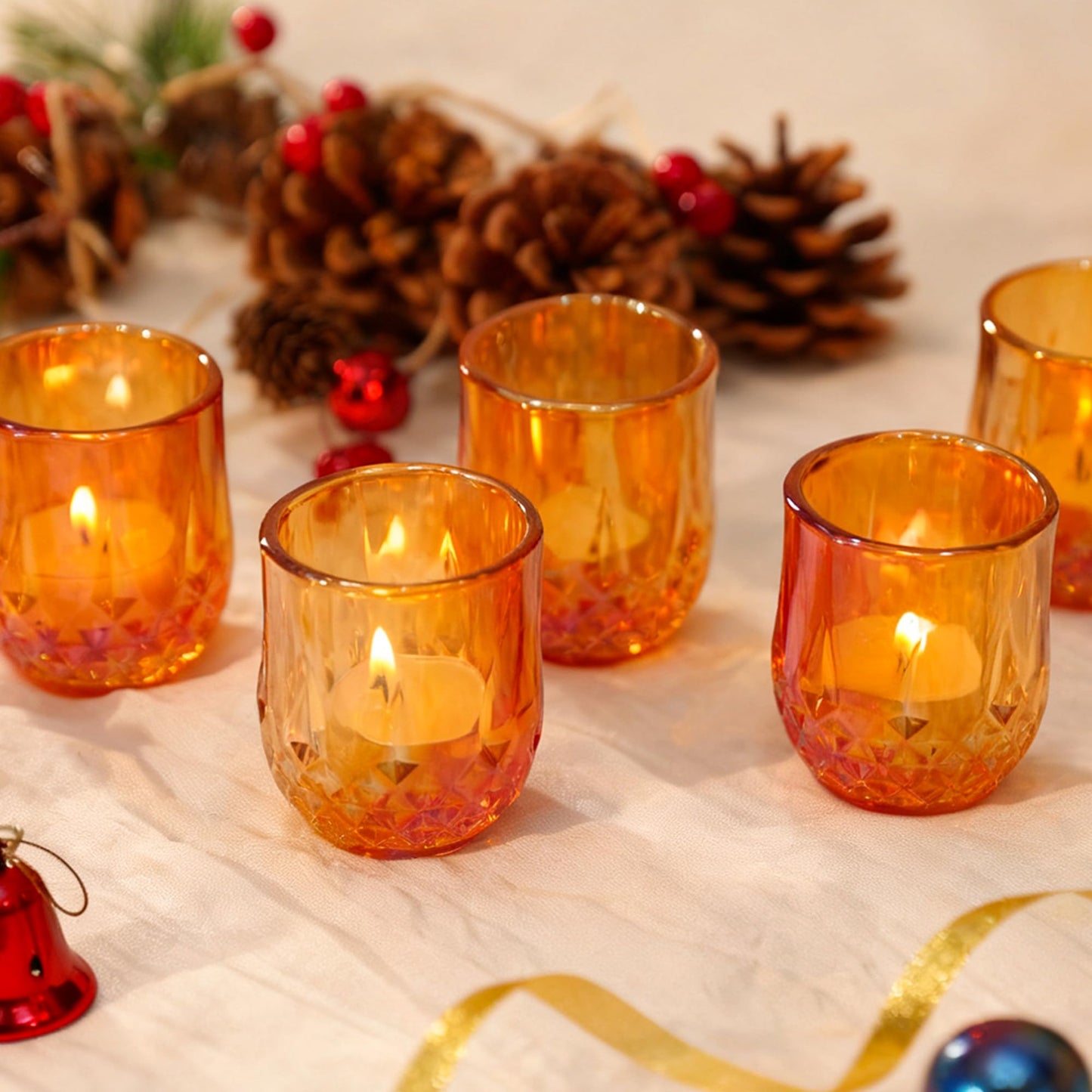 12 Pcs Votive Candle Holders, Amber Glass Tea Lights Candle Holder in Bulk for Table Centerpiece, Tealight Candle Holders for Wedding, Party, Home, Bridal Shower, Birthday