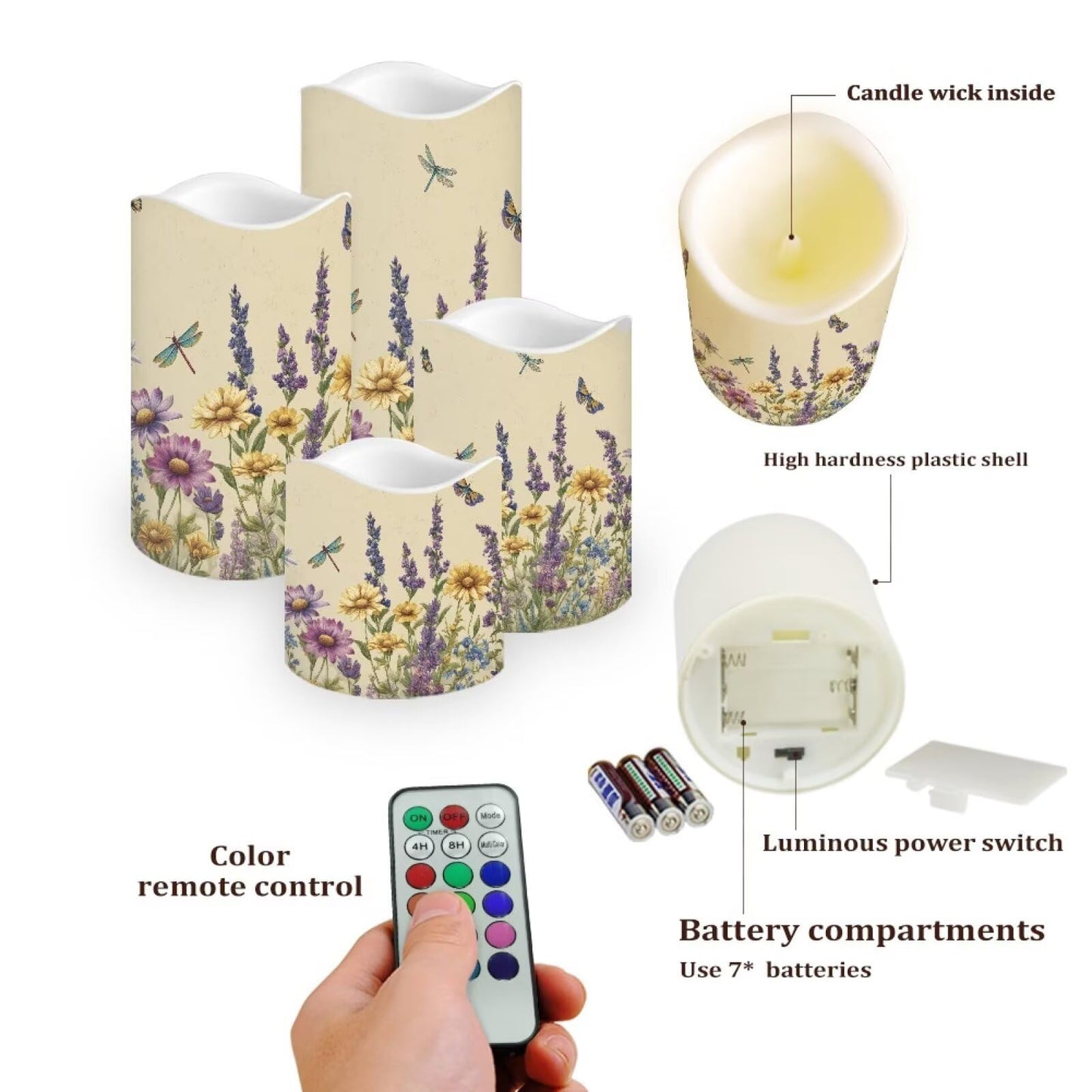 Cozeyat Wildflowers Flameless Candles 4 Pack Battery Operated with Remote Timer LED Pillar Candles Flickering Waterproof for Indoor Outdoor Party