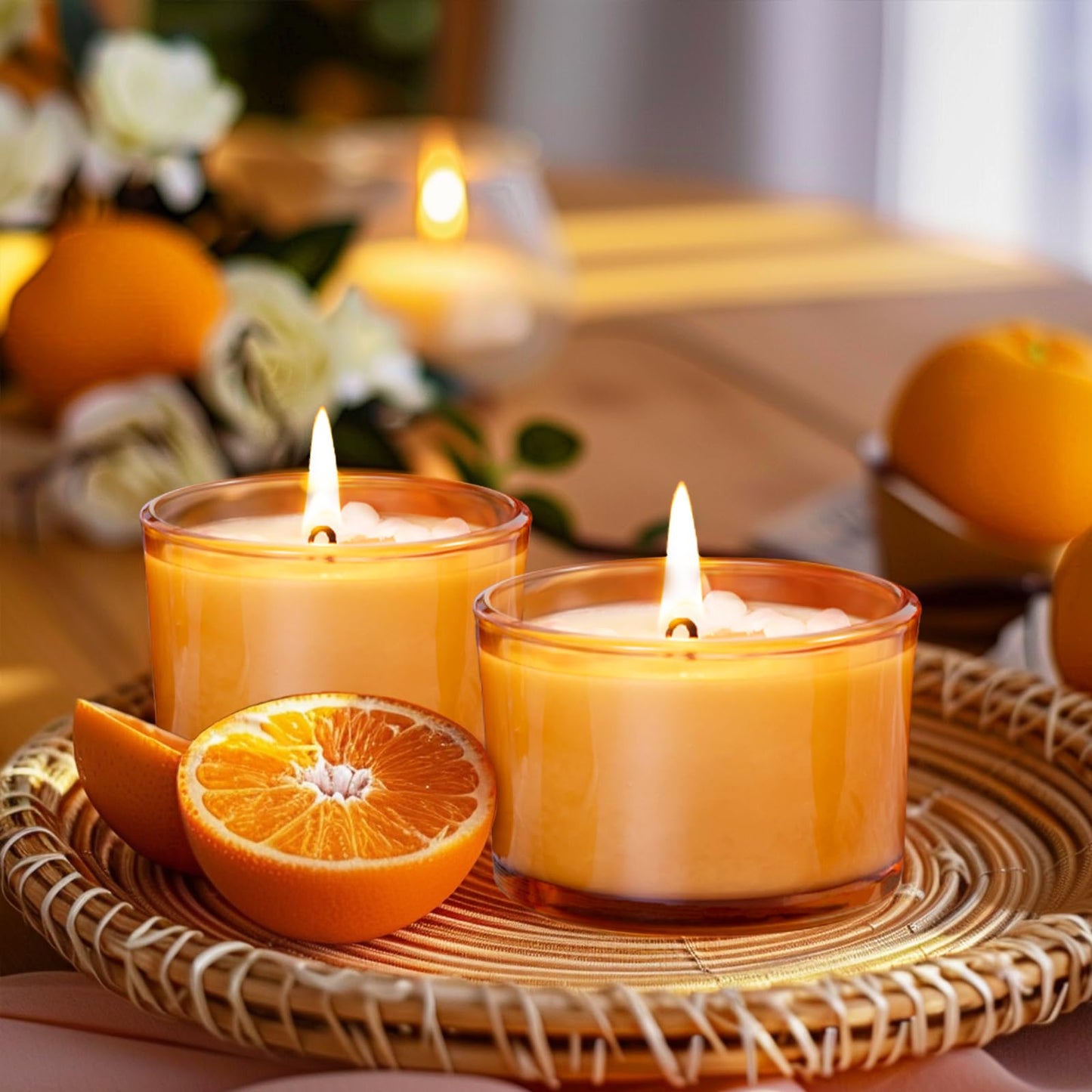 CONNOO 15 Pack 4oz Orange Glass Candle Jars with Airtight Bamboo Lids for Making Candles, Bulk Small Wide Mouth Empty Candle Containers with Sticky Warning Labels - Dishwasher Safe